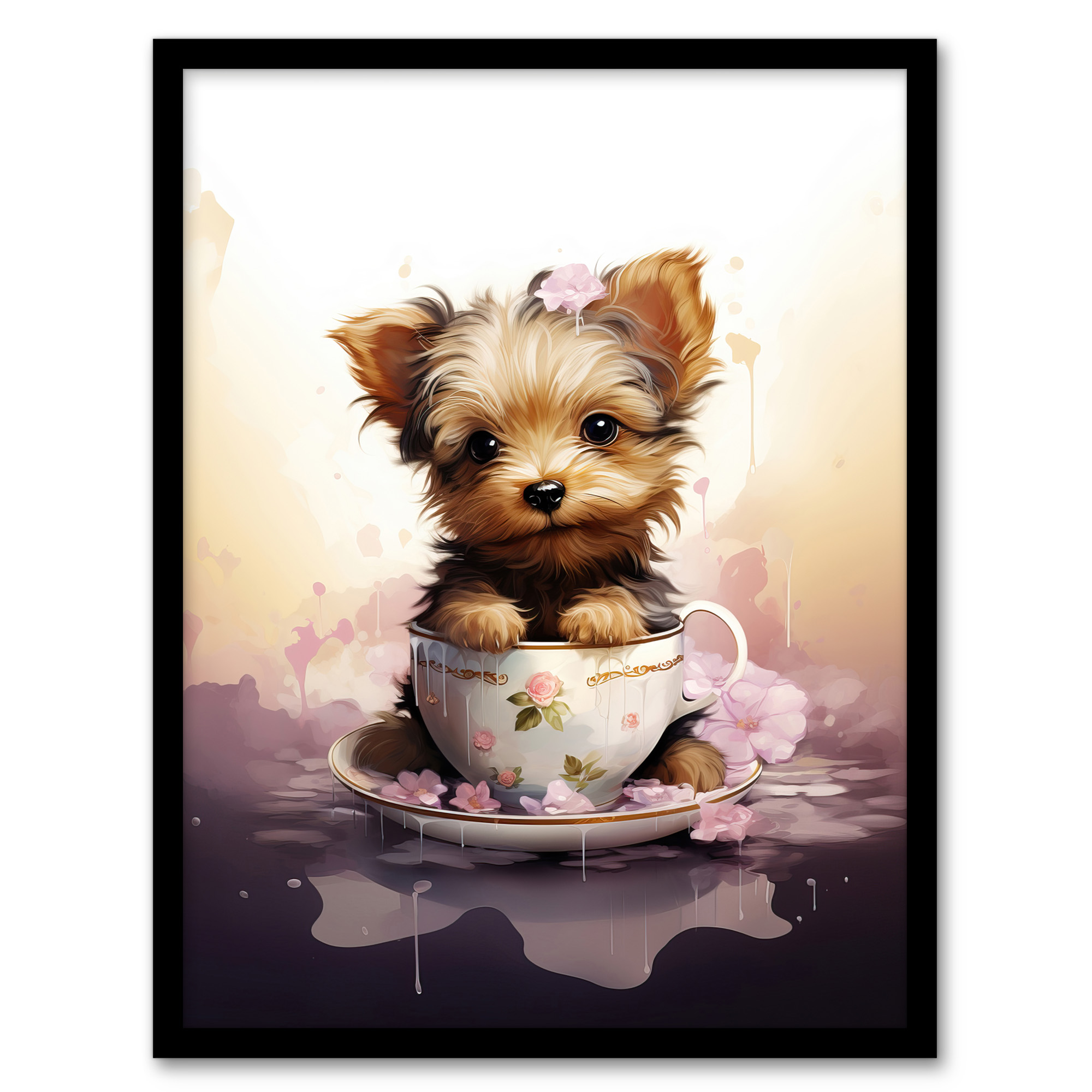 Tea Cup Yorkshire Terrier Lovers Watercolour Pet Portrait Wall Art Poster Print