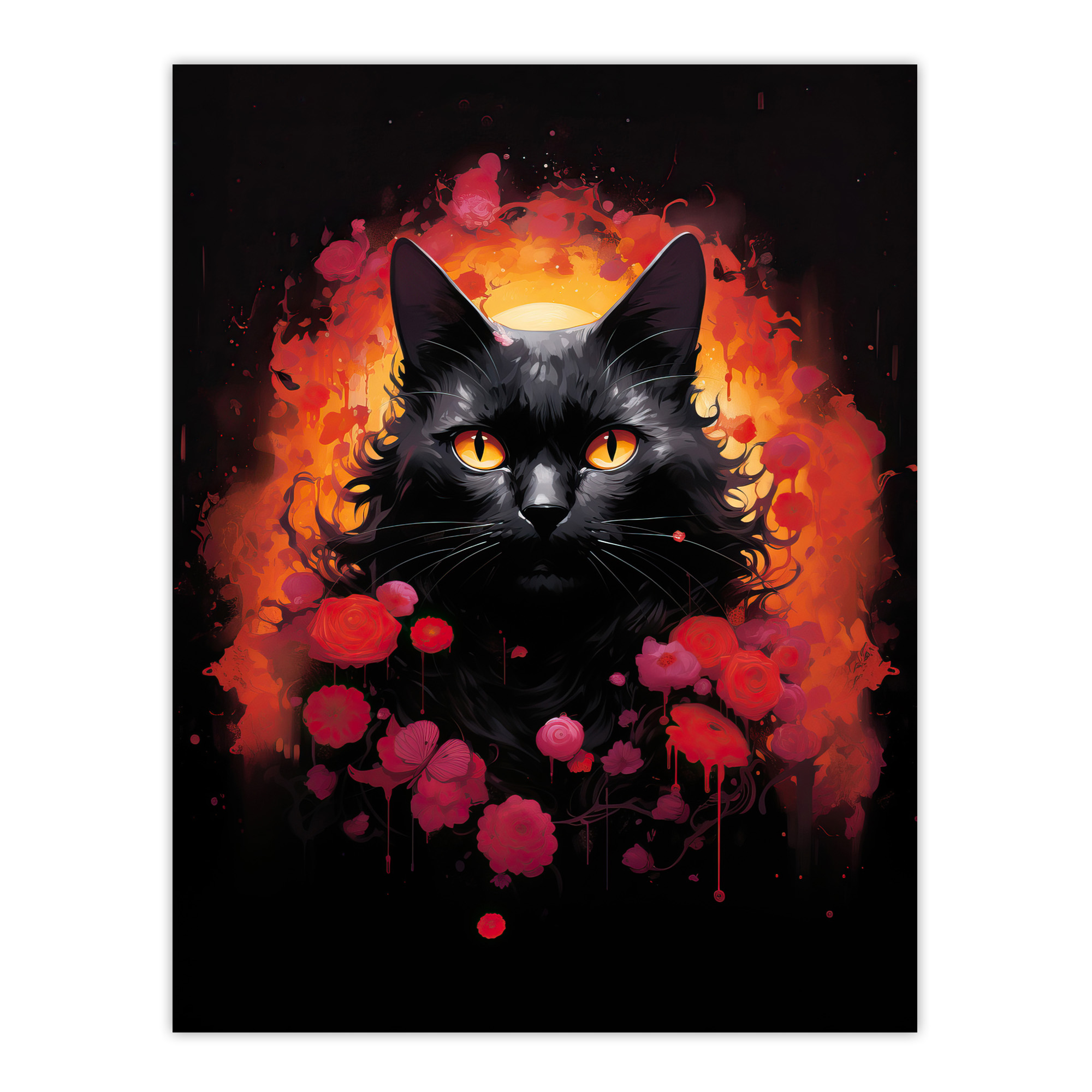 Black Cat Lover Gift Pet Portrait Red Roses Orange Flames Wall Art Poster Print