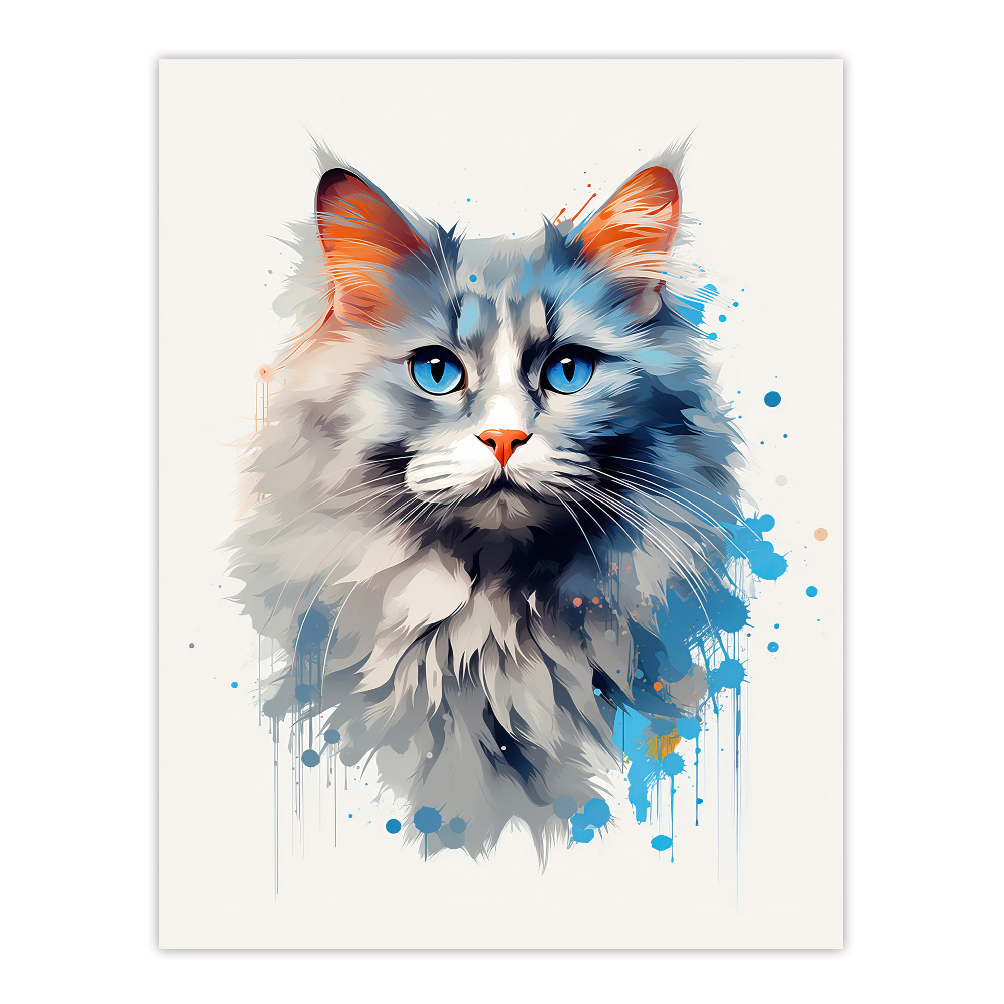 Grey Point Ragdoll Cat Blue Eyes Pet Portrait Painting Wall Art Poster Print