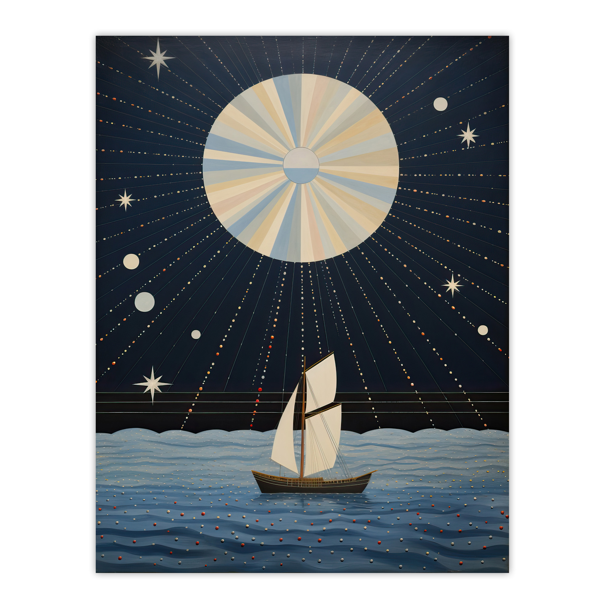 Sailing Into The Moonlight Boat in Full Moon Seascape Wall Art Poster Print