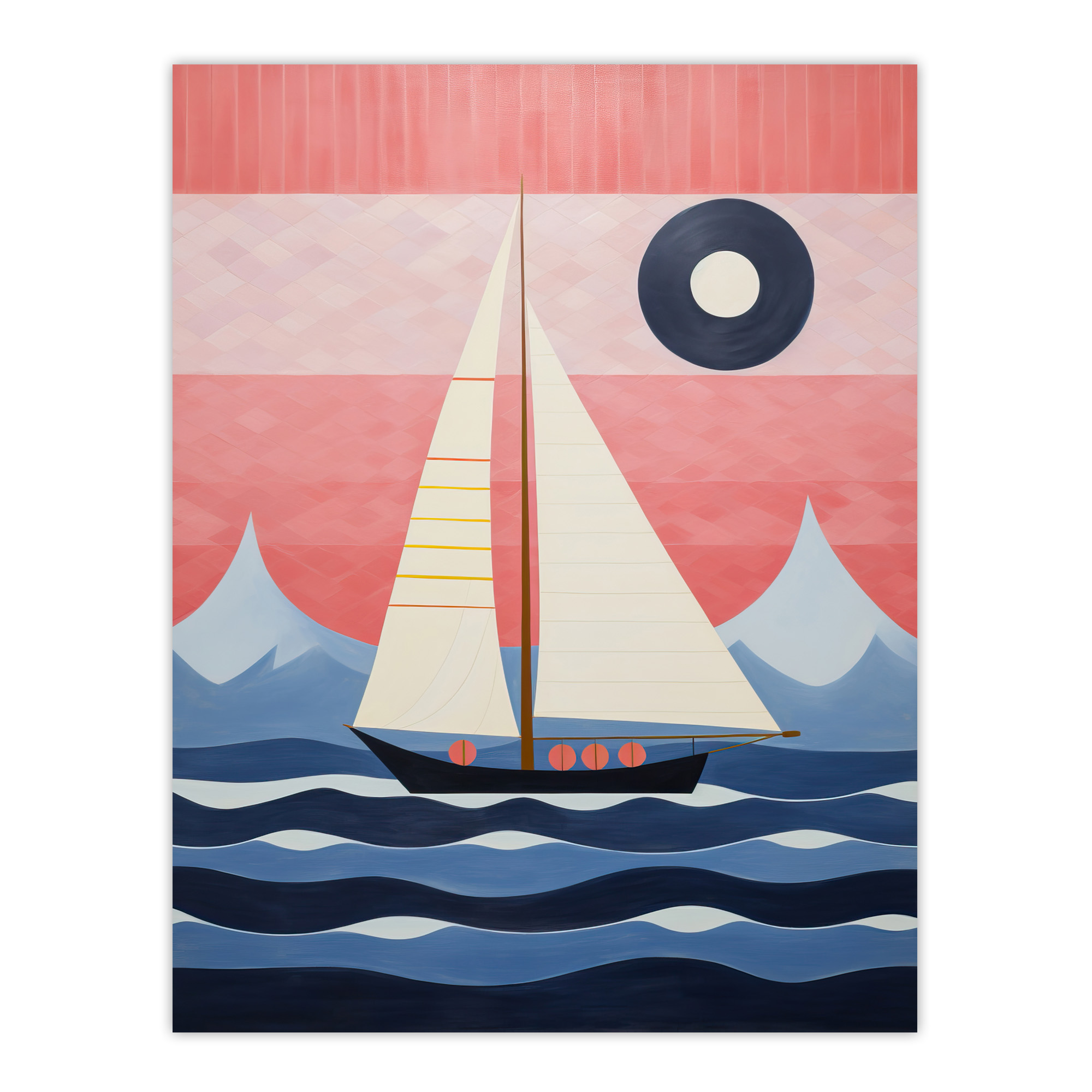 Setting Sail Sailboat Mountain Coastal Landscape Geometric Wall Art Poster Print
