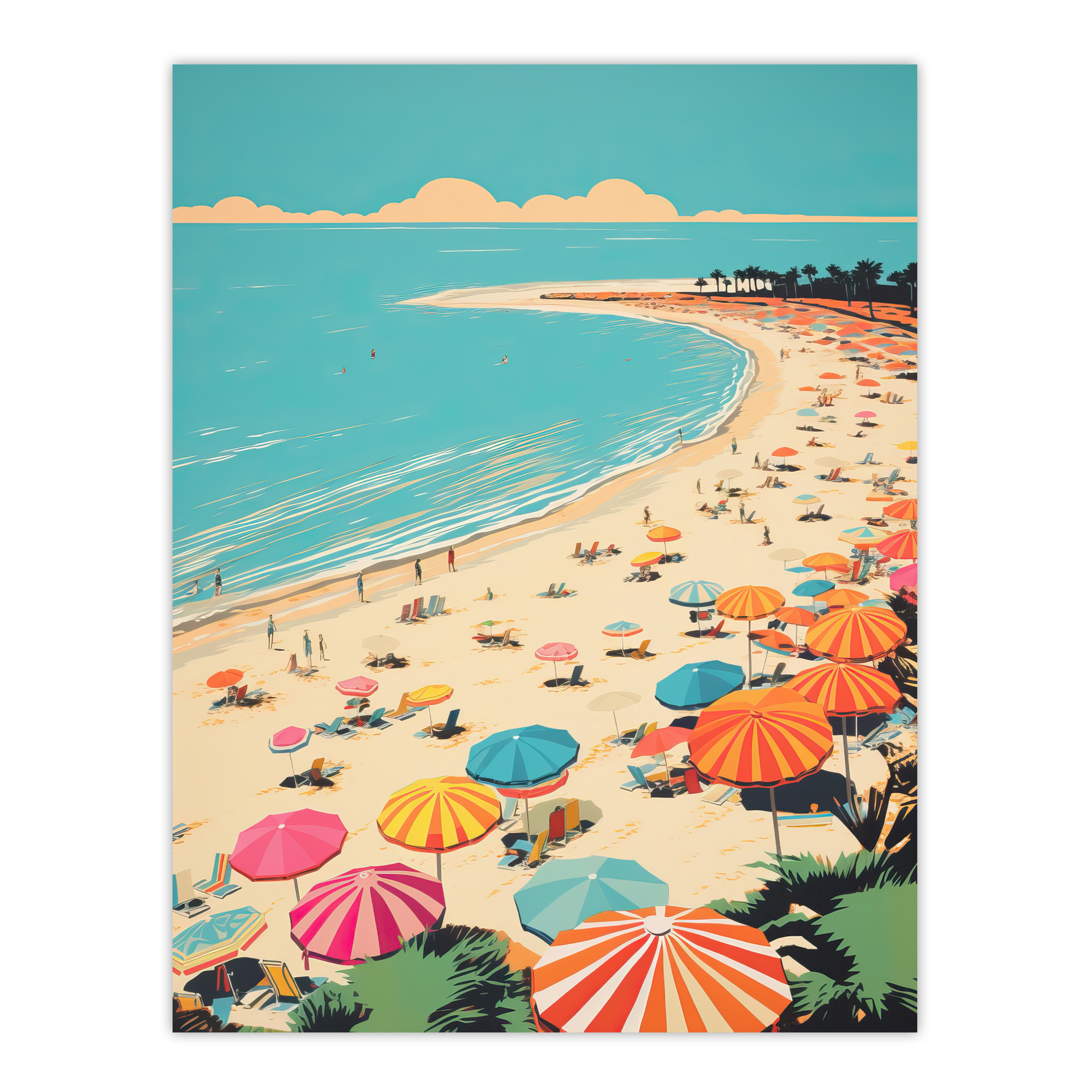Sun Sand Sea Cove Busy Beach Coastal Landscape Bright Wall Art Poster Print