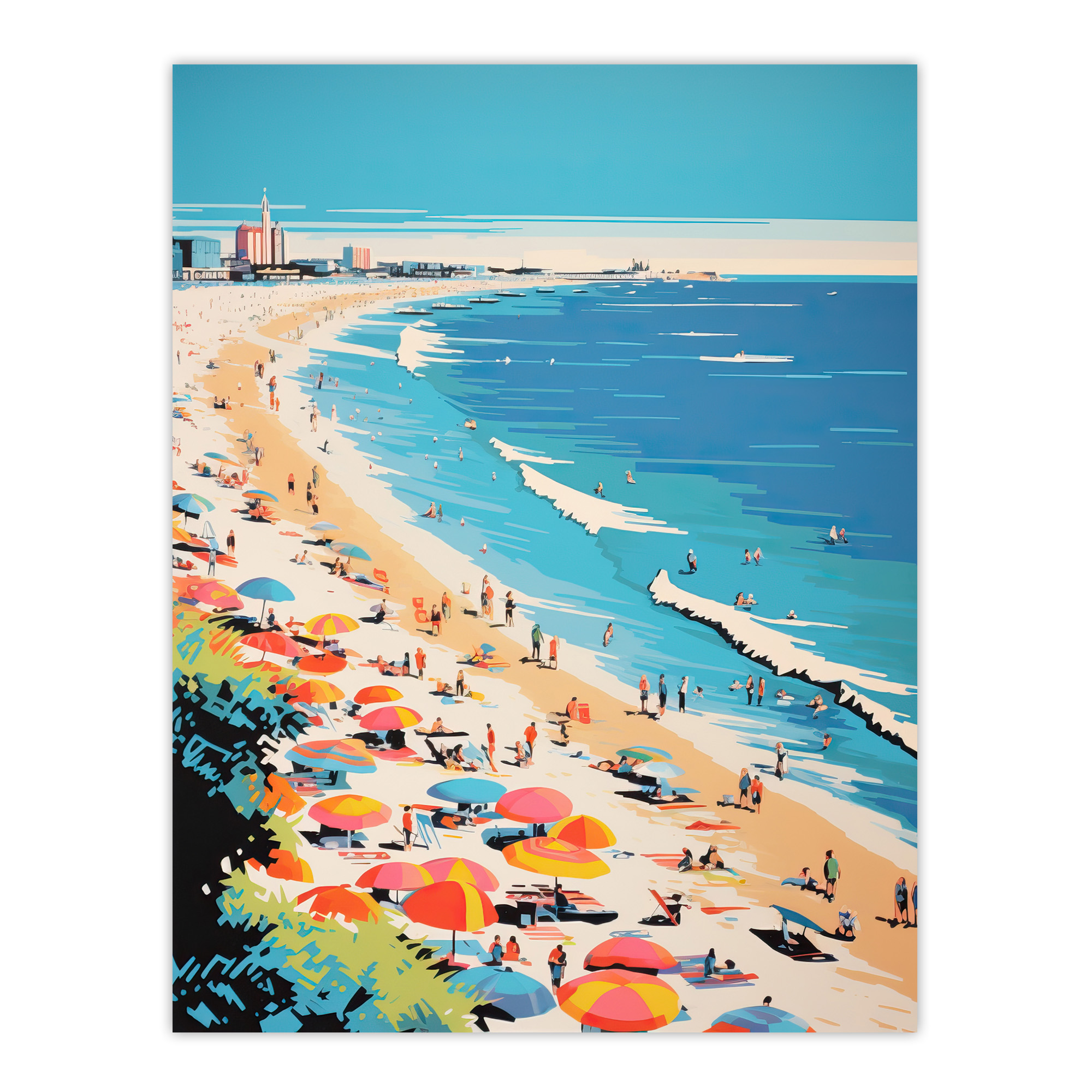 Surf Sand Sea And Sunshine Busy Beach Coastal Landscape Wall Art Poster Print