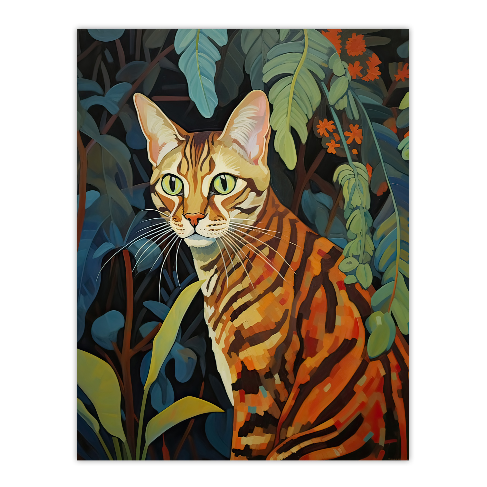 Bengal Cat Botanical Painting Orange Green Blue Plant Leaves Art Poster Print