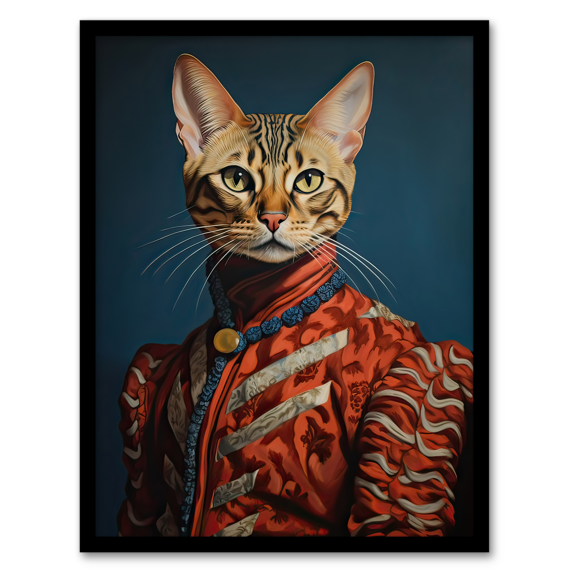 Bengal Aristocrat Orange Red Blue Cat Lover Pet Portrait Wall Art Poster Print