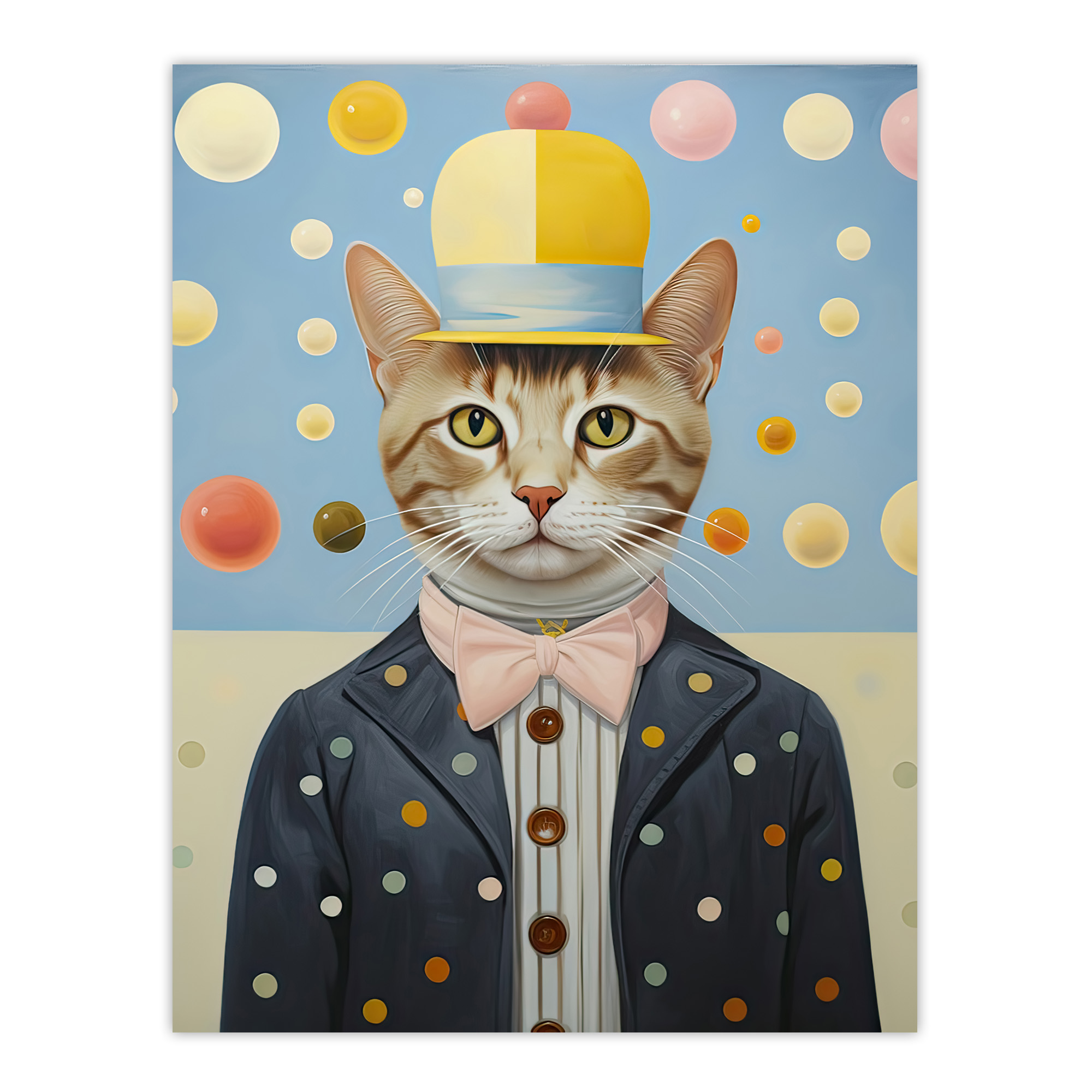 Polka Dot Cat Quirky Pet Portrait with Hat and Bow Tie Wall Art Poster Print