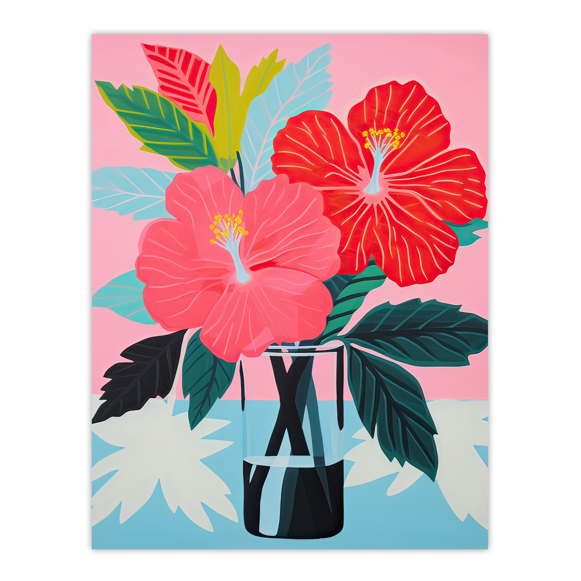 Hibiscus Flowers in Vase Stylised Pink Blue Green Still Life Art Poster Print