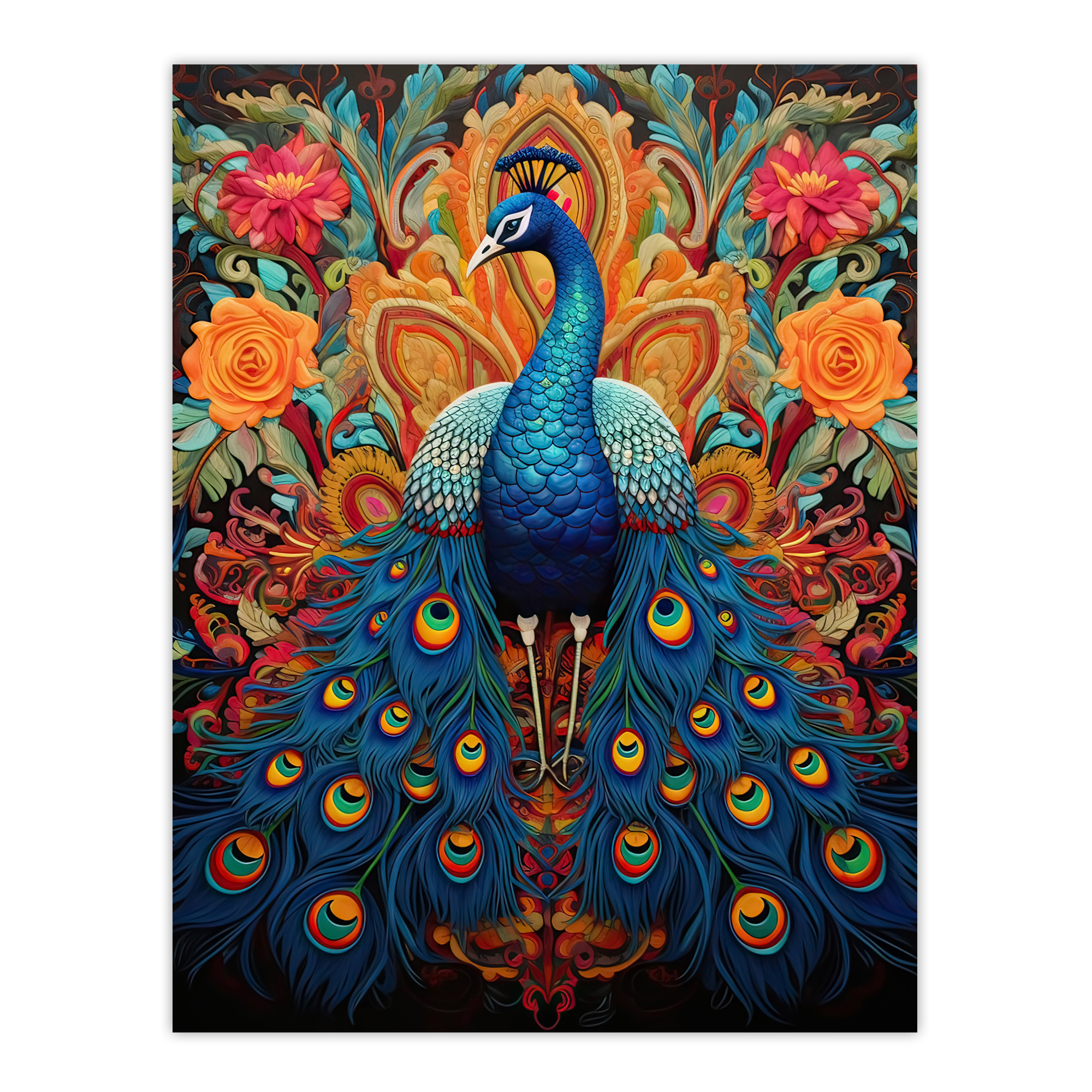 Royal Peacock Exotic Bird Symmetrical Floral Portrait Wall Art Poster Print