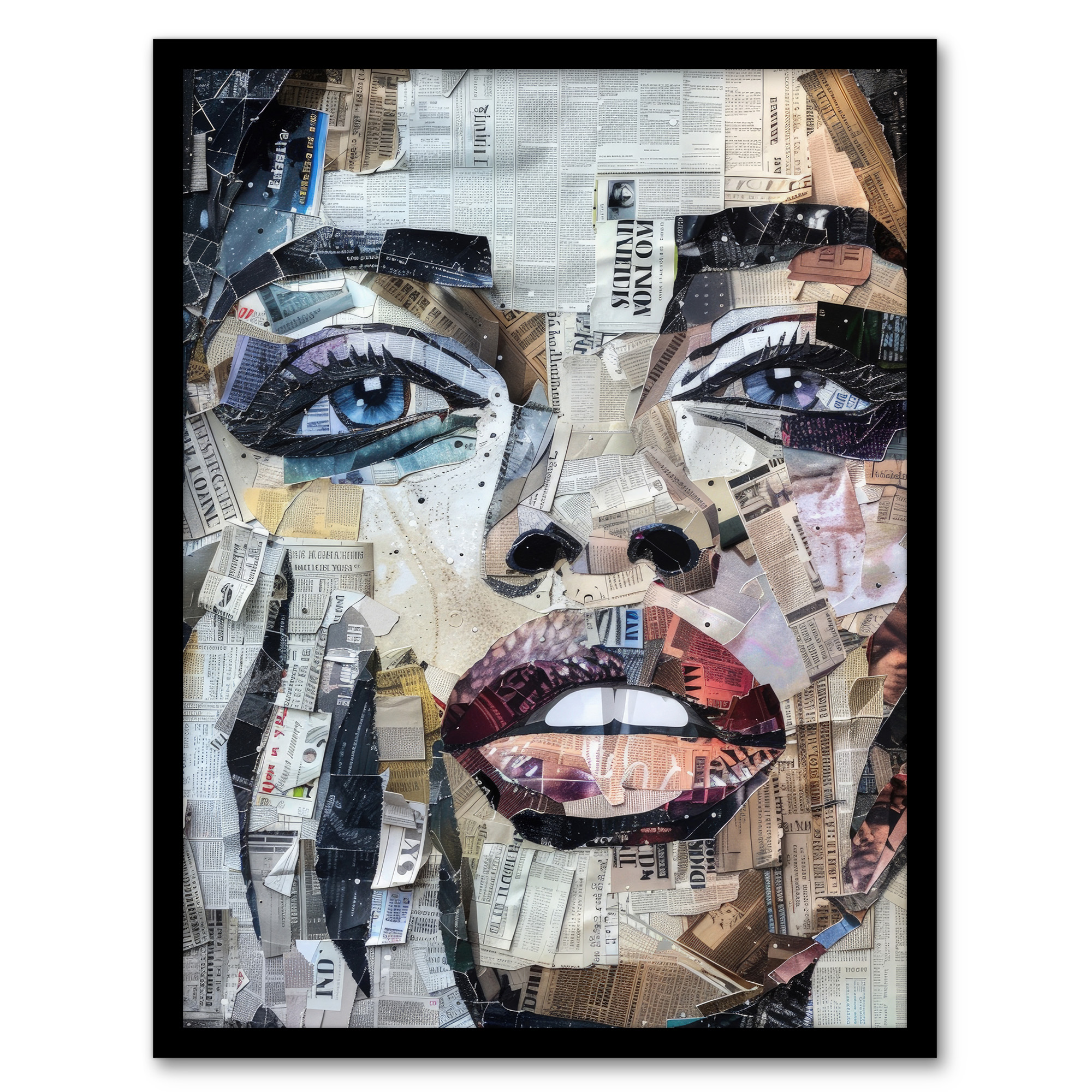 Woman Face Newspaper Collage Portrait Wall Art Poster Print Picture