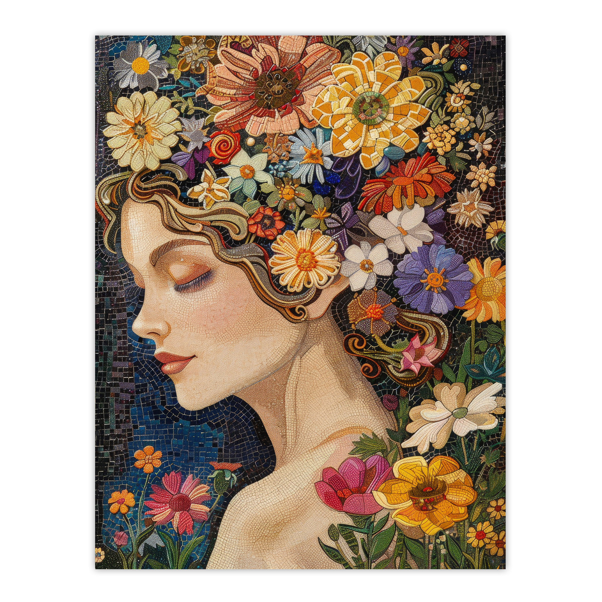 Woman with Spring Flower Headdress Mosaic Wall Art Poster Print Picture