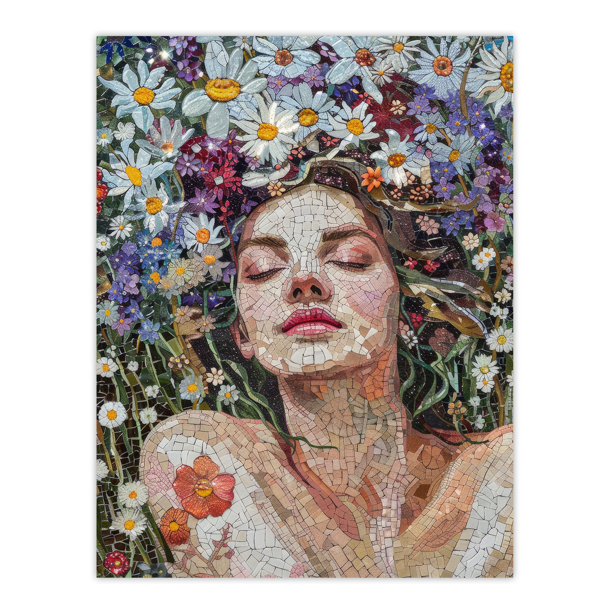Woman Laying in Spring Flower Field Mosaic Wall Art Poster Print Picture