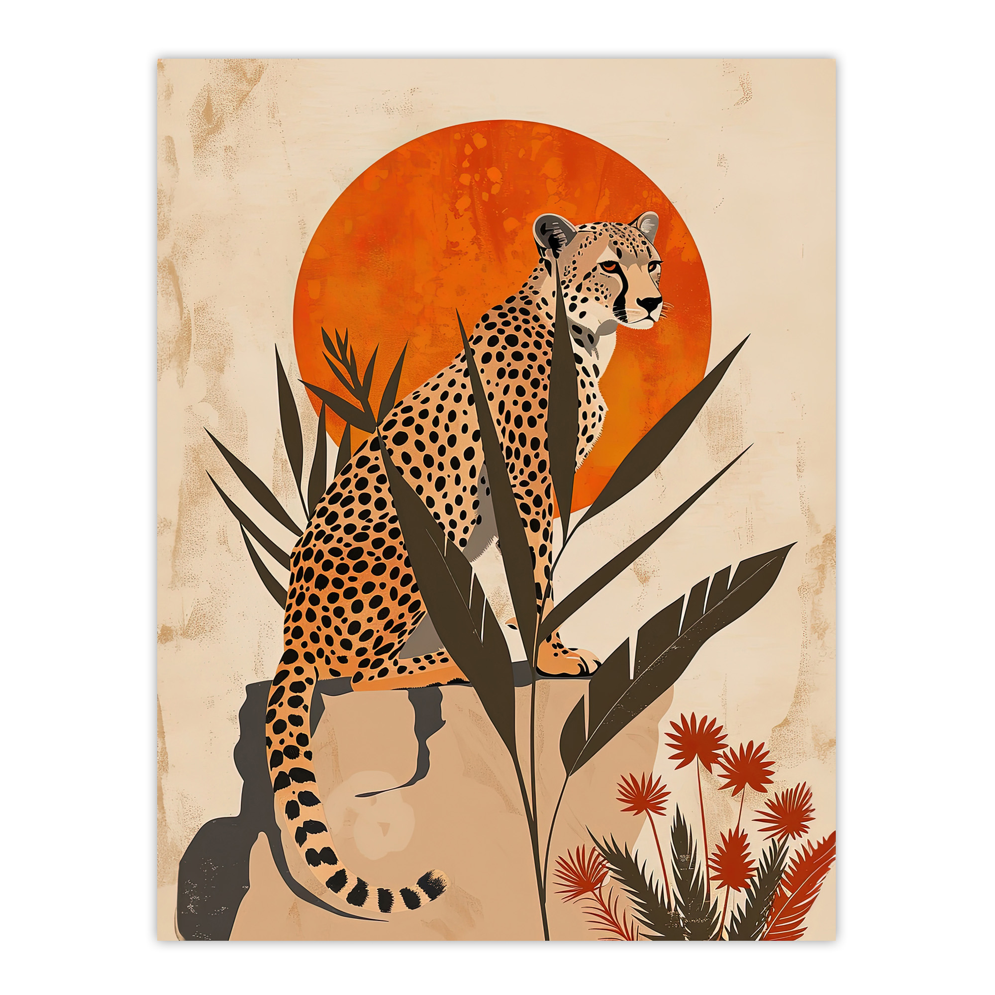Cheetah Perched on Rock Boho Sunset Sun Plants Wall Art Poster Print Picture