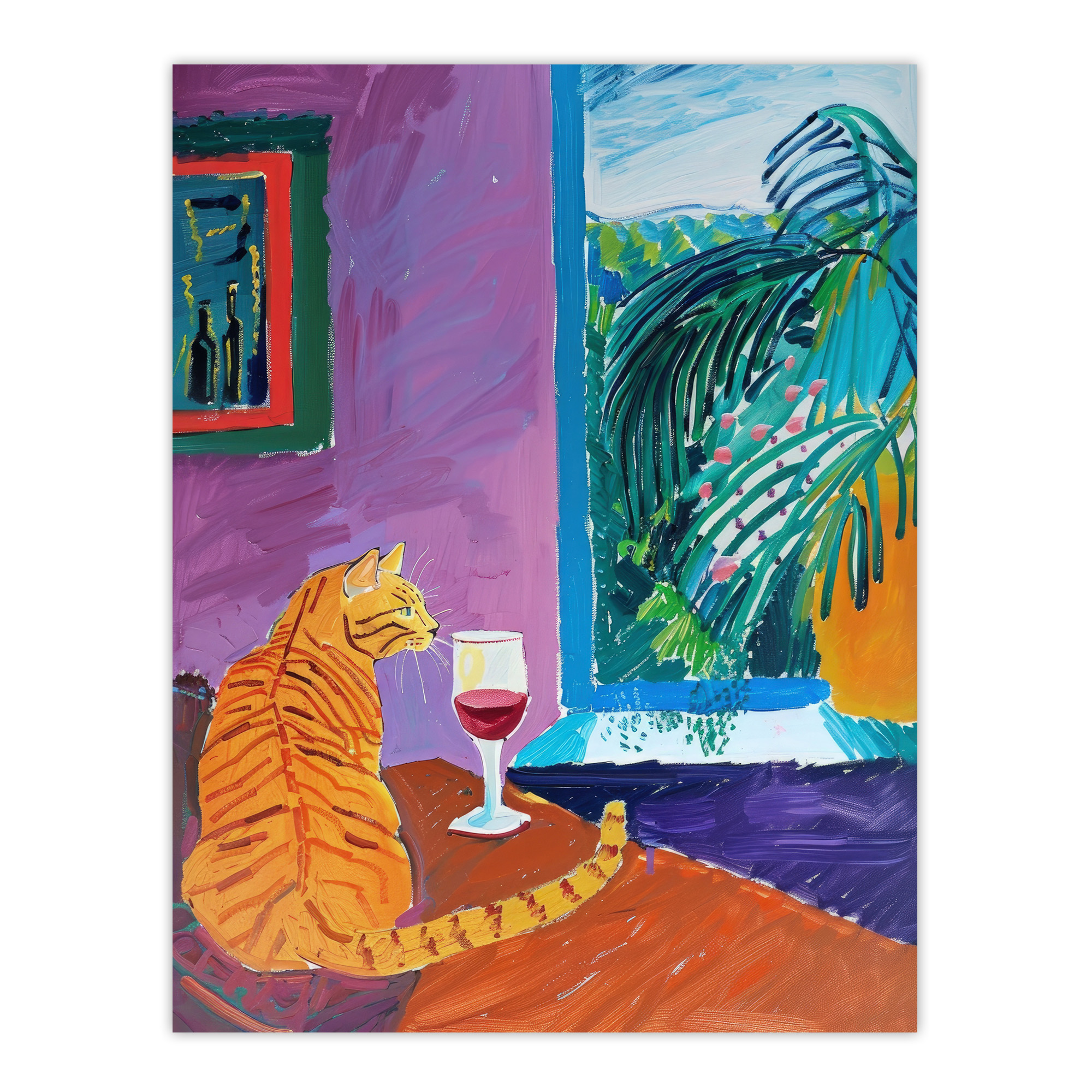 Ginger Tabby Cat Wine Plant Lover Quiet Afternoon Wall Art Poster Print Picture