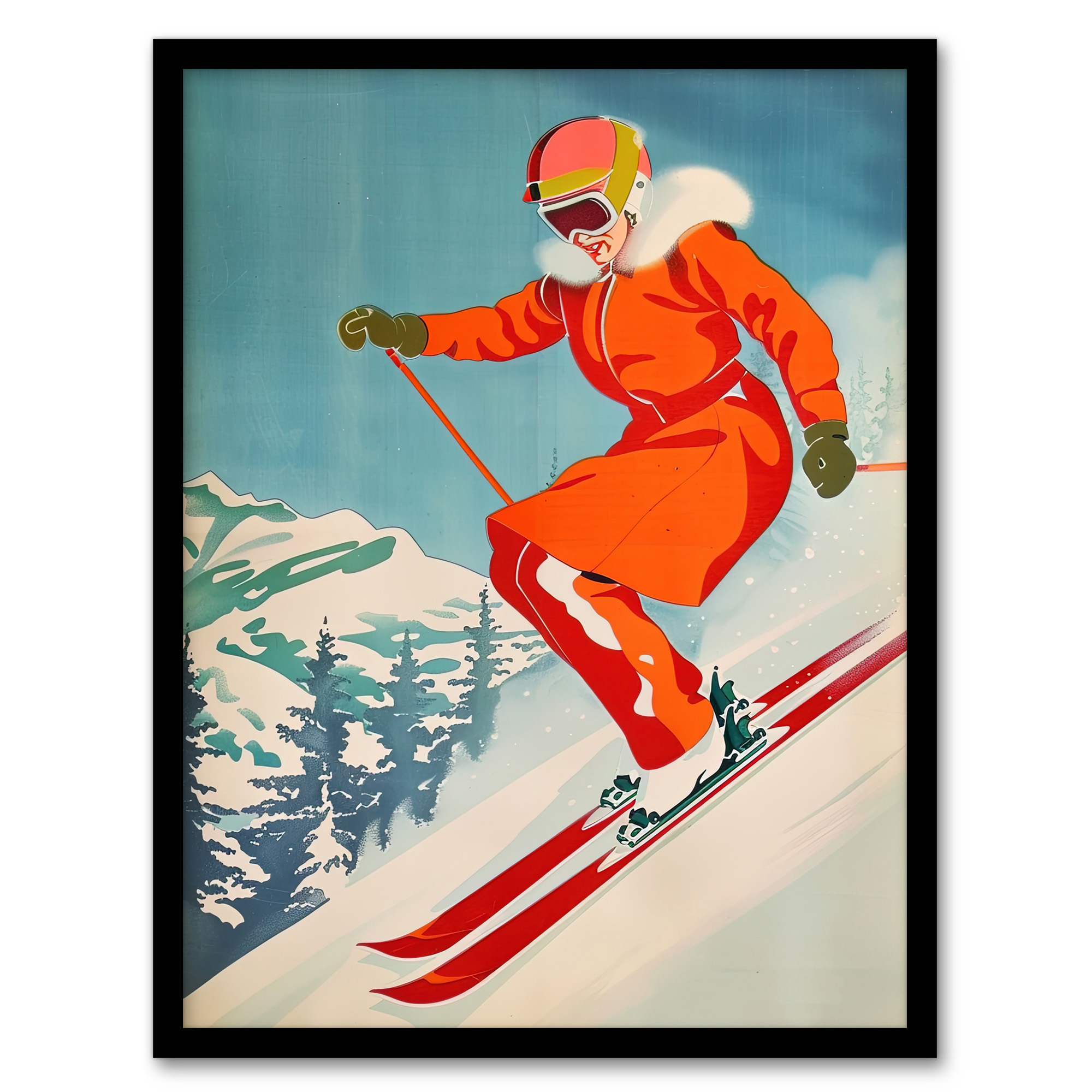 Woman Skier Skiing Mountain Slope Snow Alps Wall Art Poster Print Picture