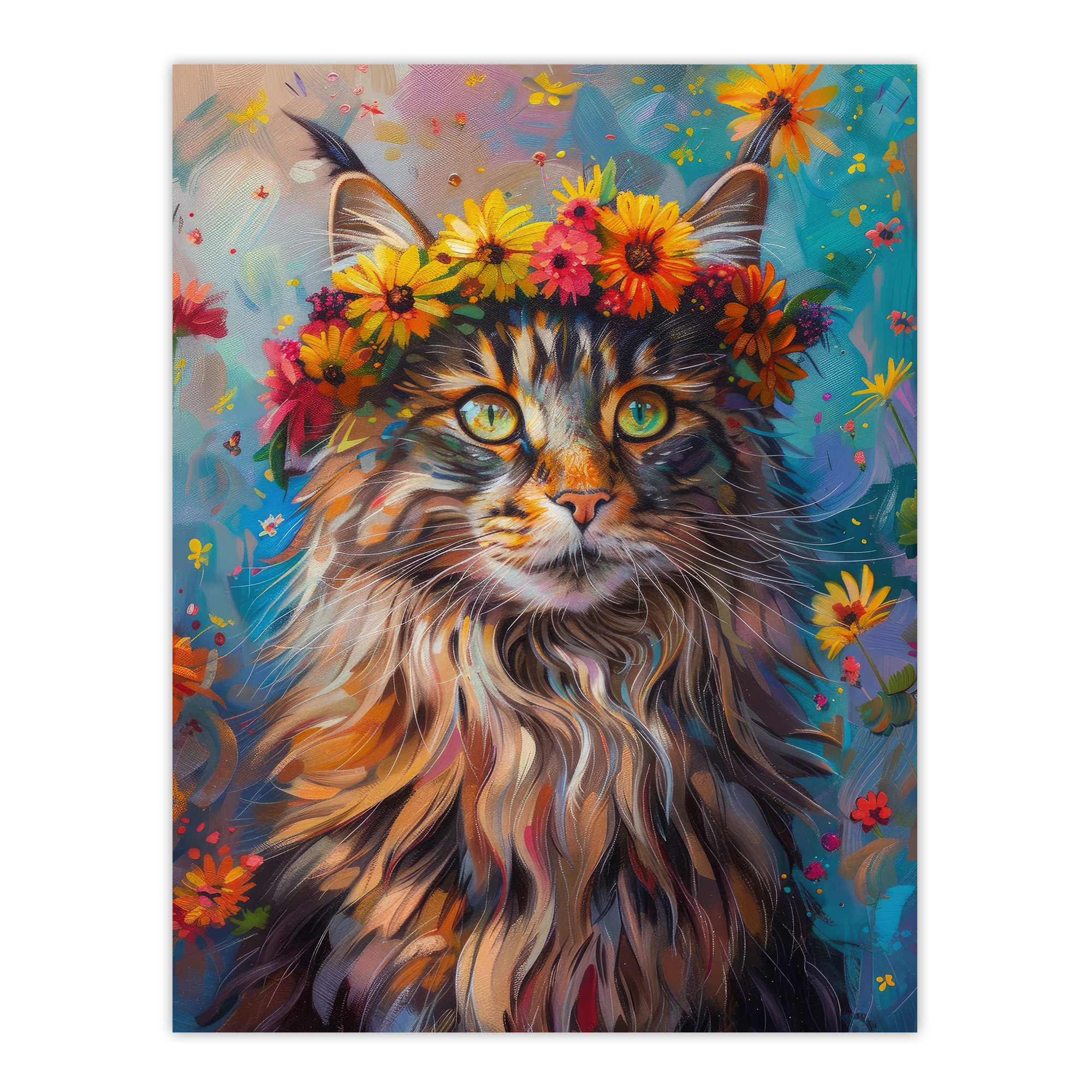 Hippy Maine Coon Cat in Flower Crown Fun Abstract Wall Art Poster Print Picture
