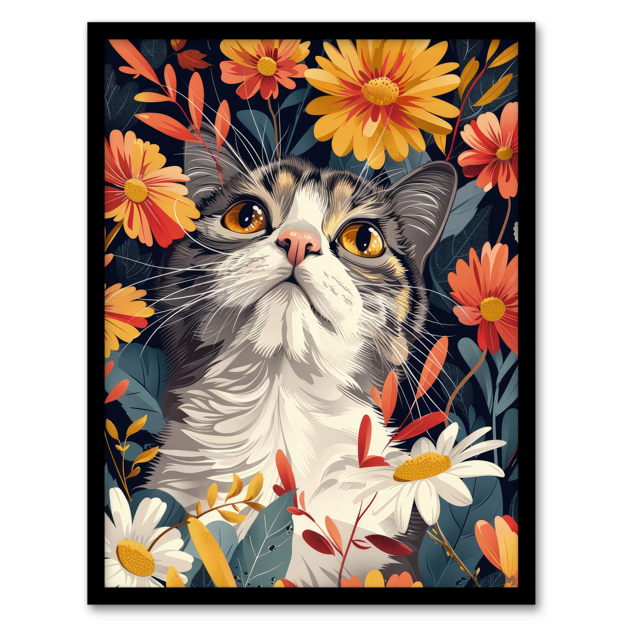 Cat in Wildflowers Painting Animal Lover Floral Wall Art Poster Print Picture