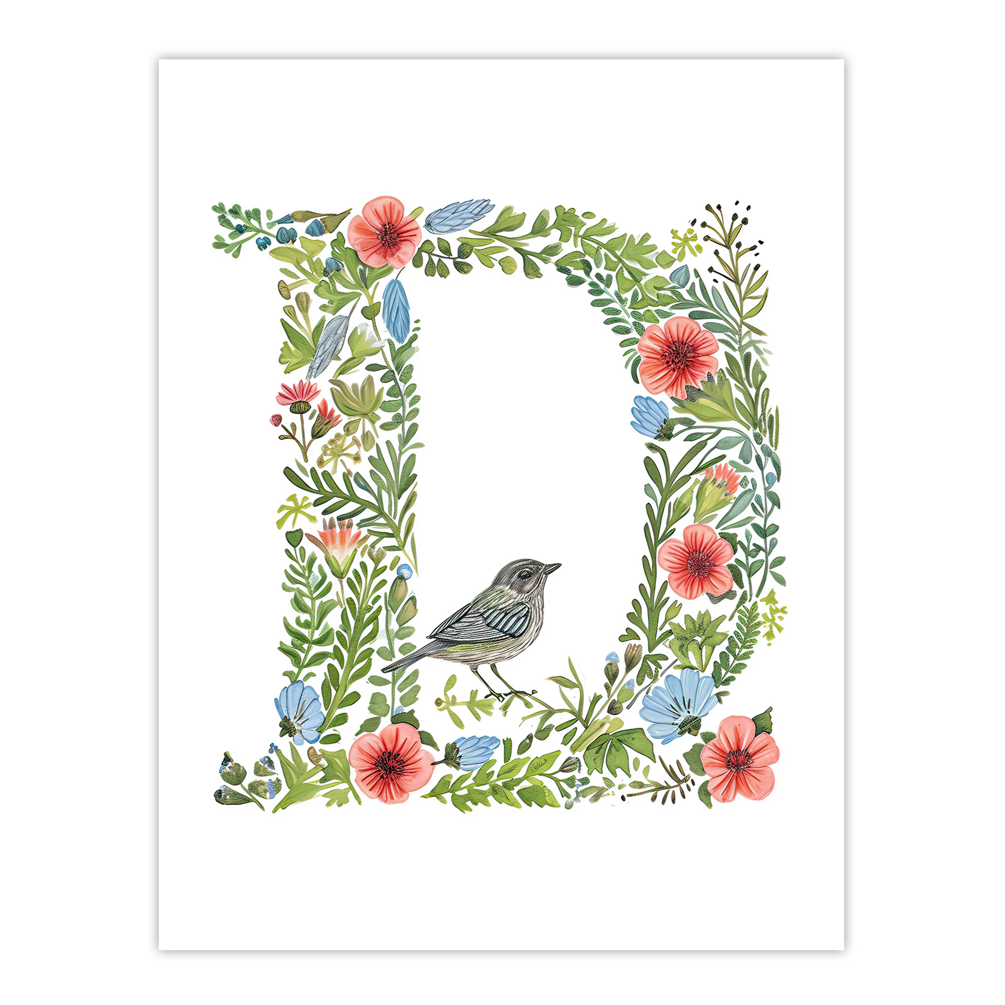 Letter D in Flowers with Bird Garden Watercolour Floral Wall Art Poster Print