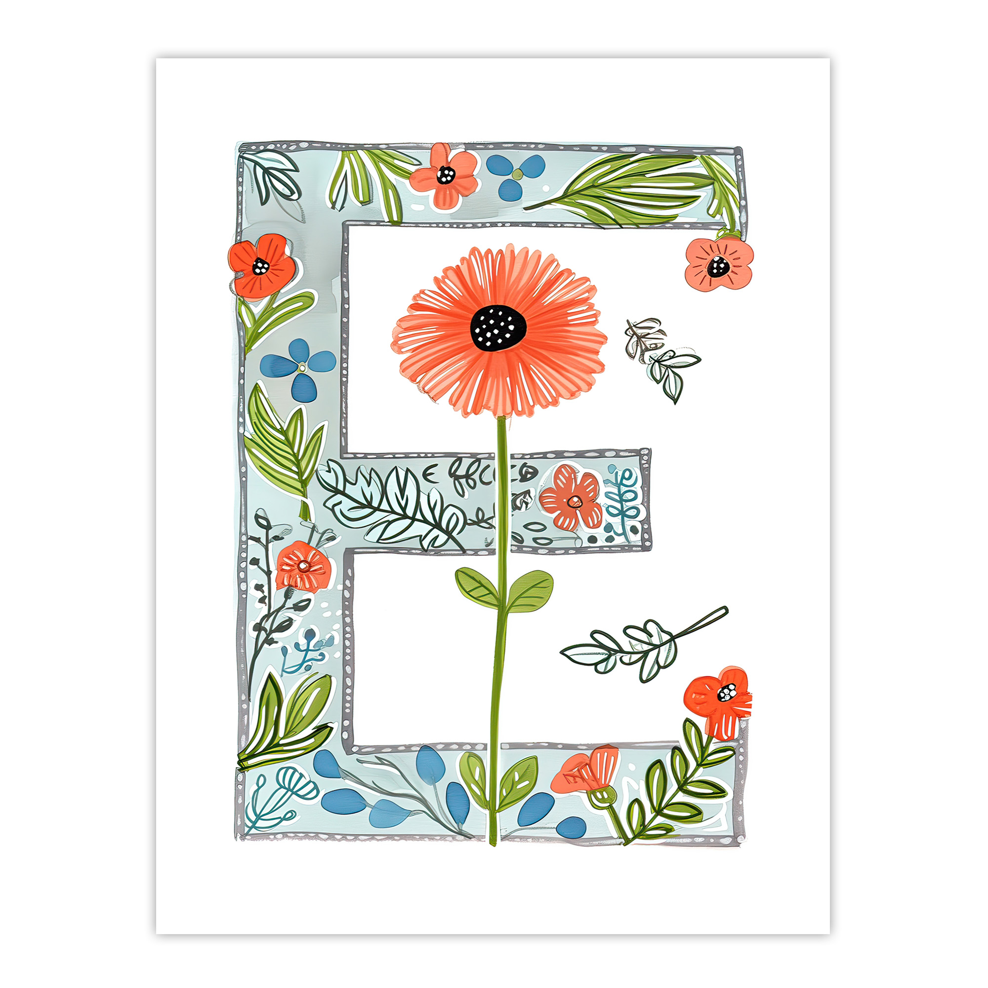 Letter E in Watercolour Poppies and Wildflowers Floral Wall Art Poster Print