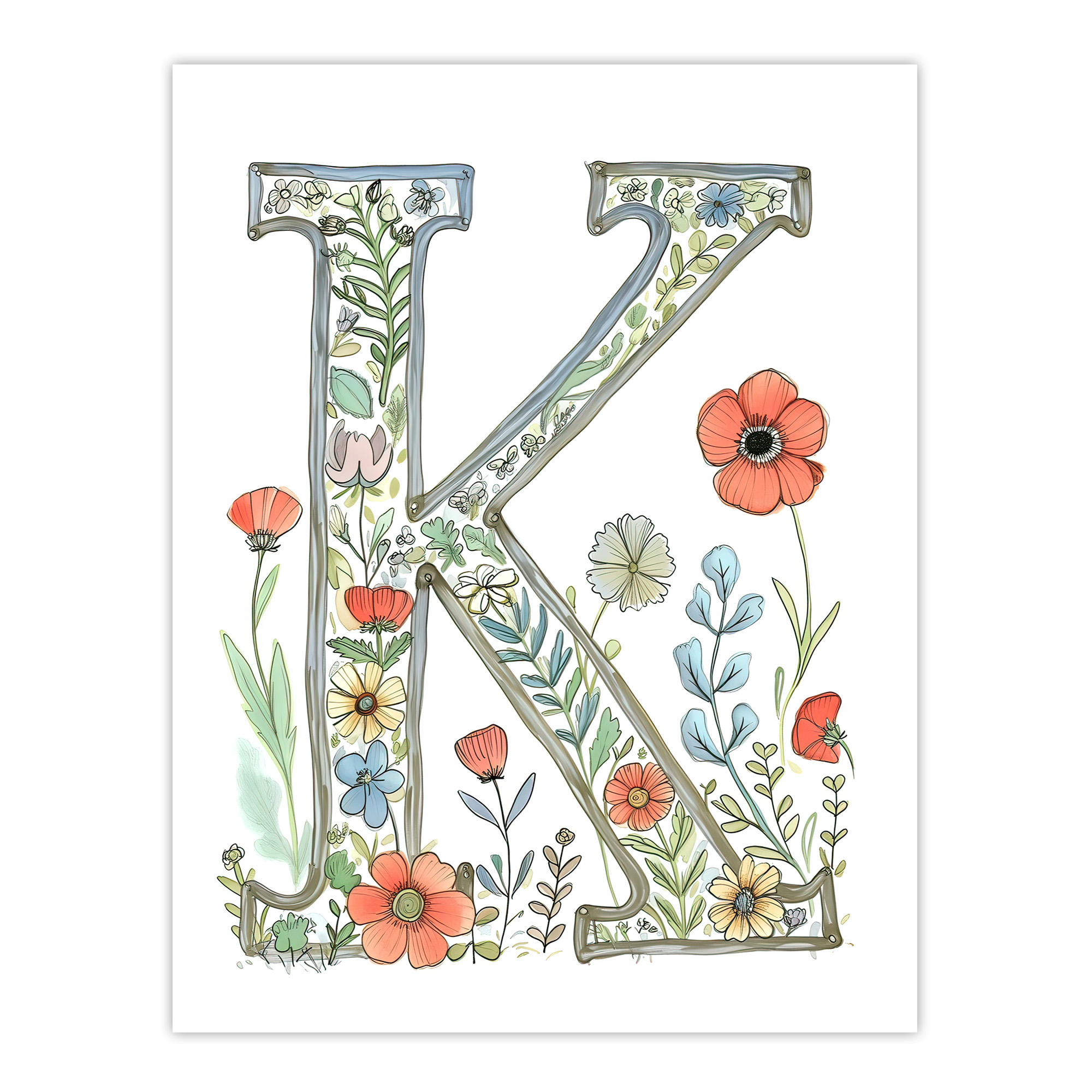 Letter K Watercolour Wildflowers Delicate Nature Floral Wall Art Poster Print