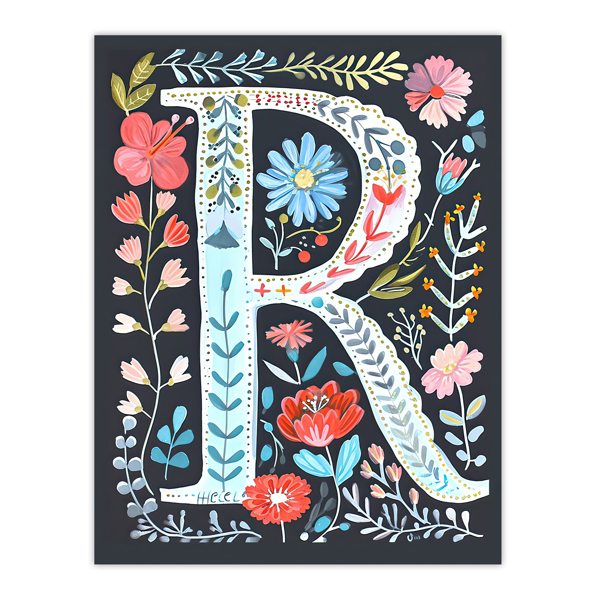 Letter R in Bright Watercolour Flowers Cute Floral Wall Art Poster Print Picture