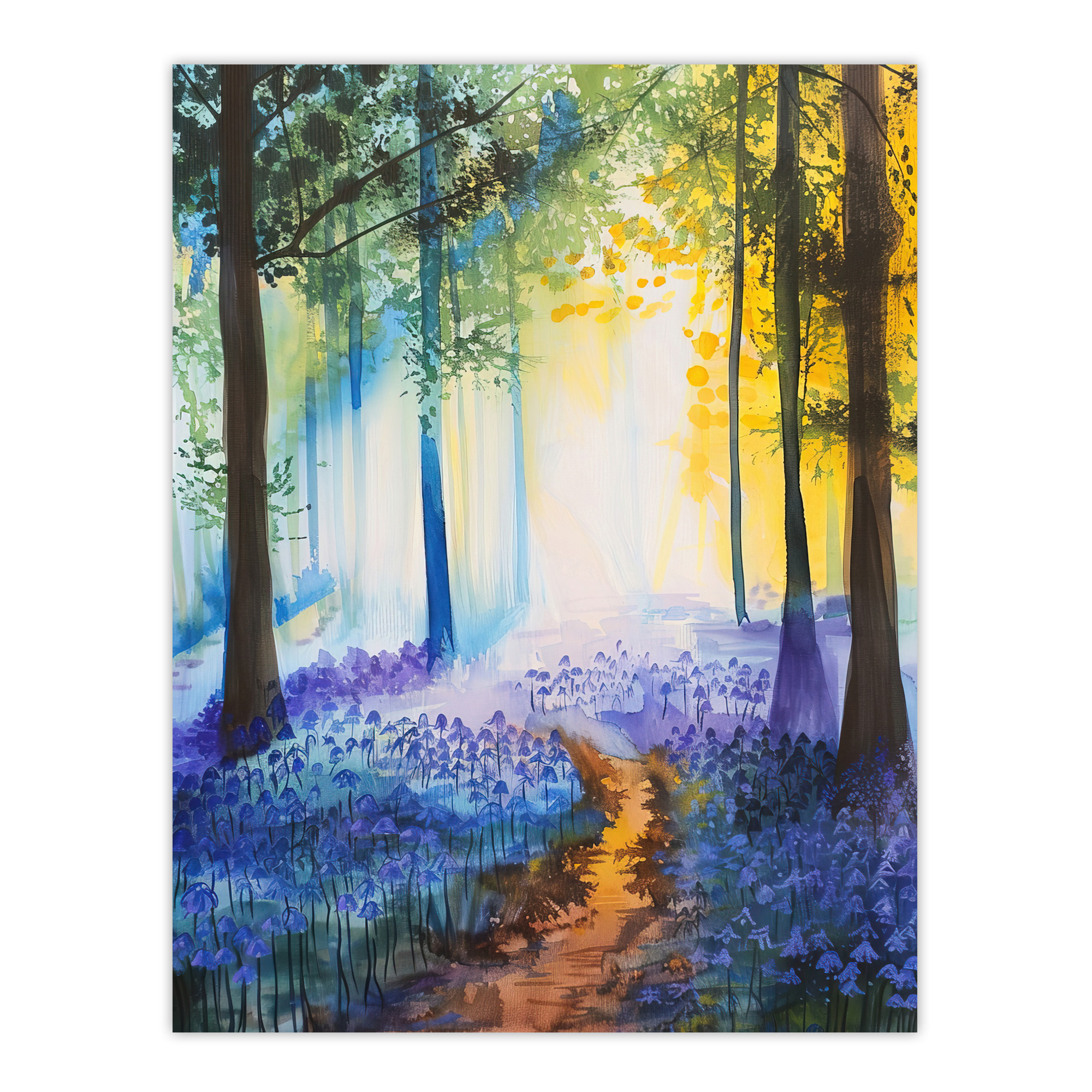 Bluebell Woods Misty Forest Morning Watercolour Wall Art Poster Print