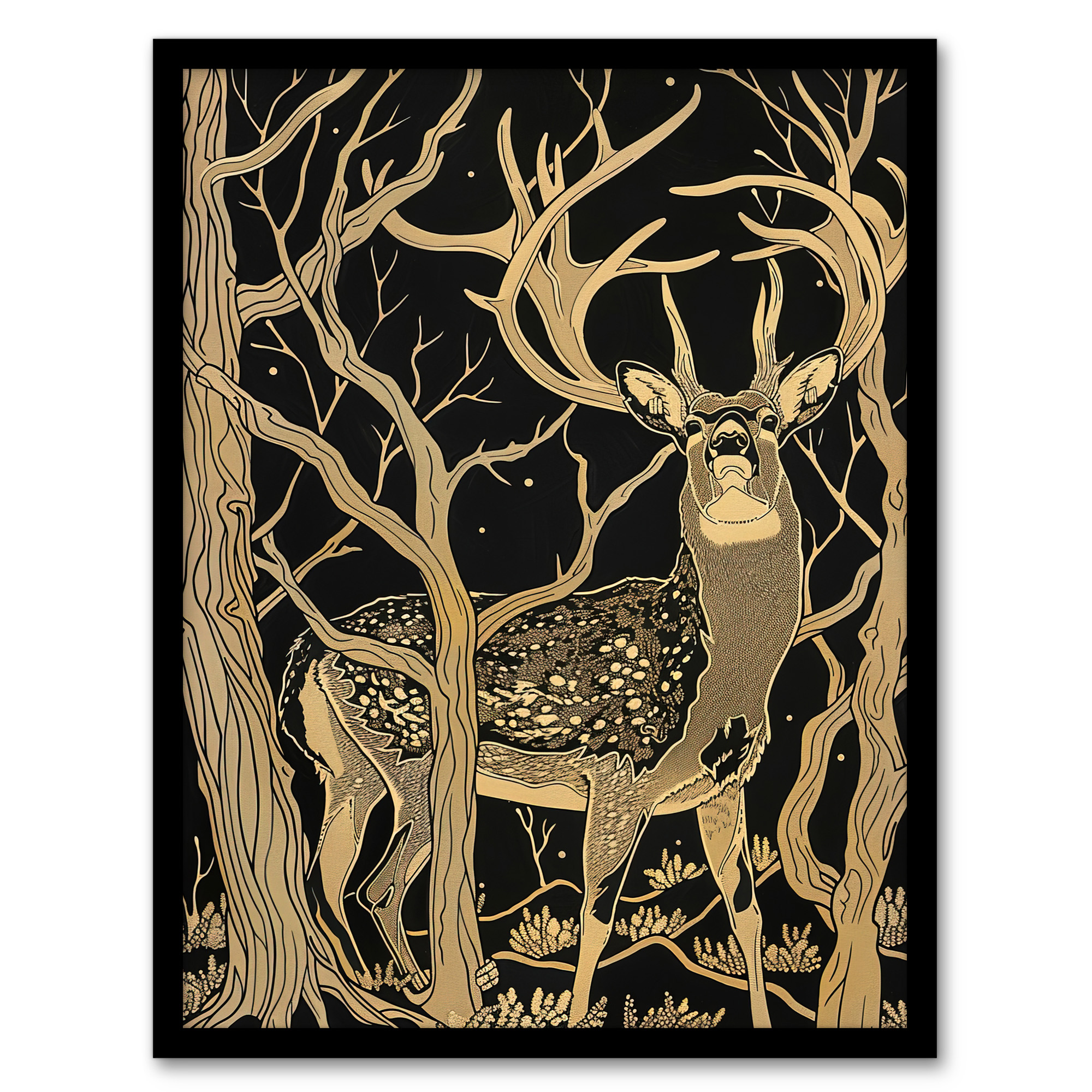 Deer Forest Tree Tan Brown Landscape Wall Art Poster Print