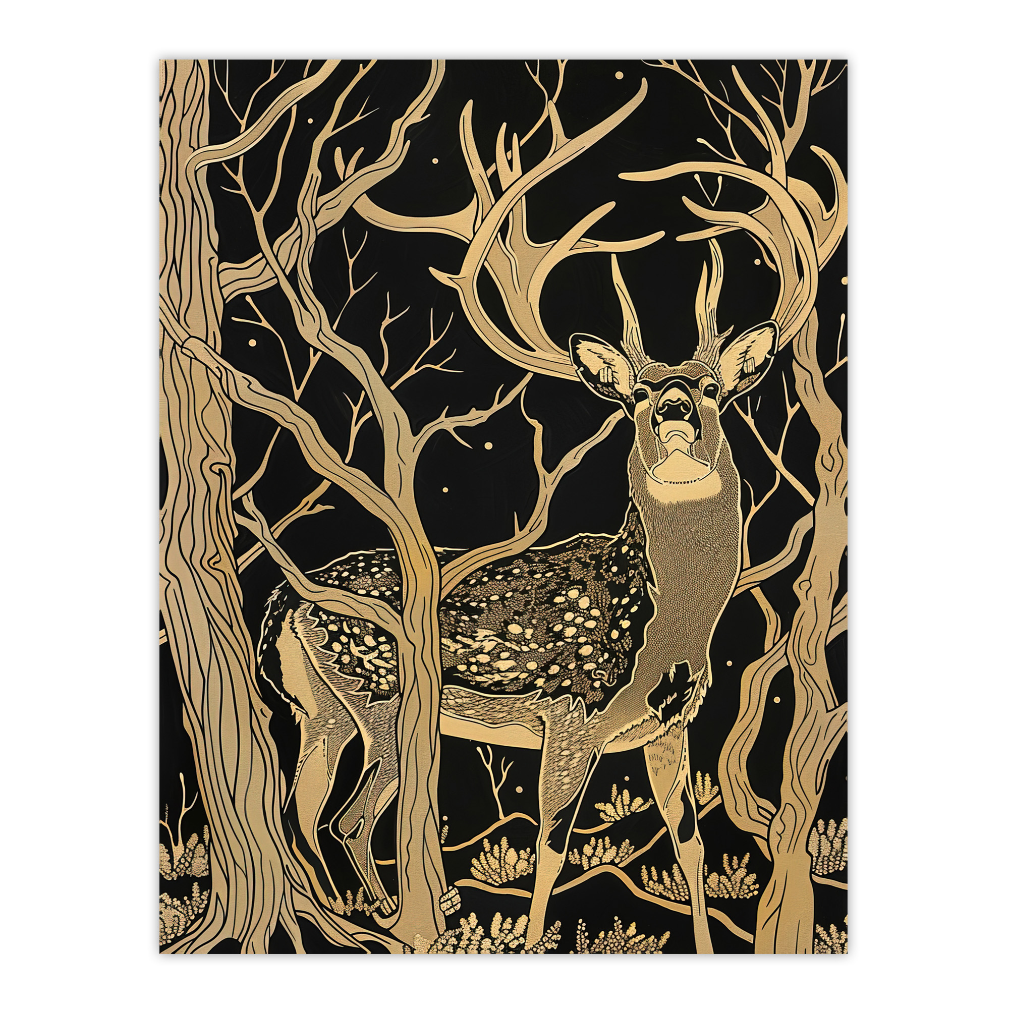 Deer Forest Tree Tan Brown Landscape Wall Art Poster Print
