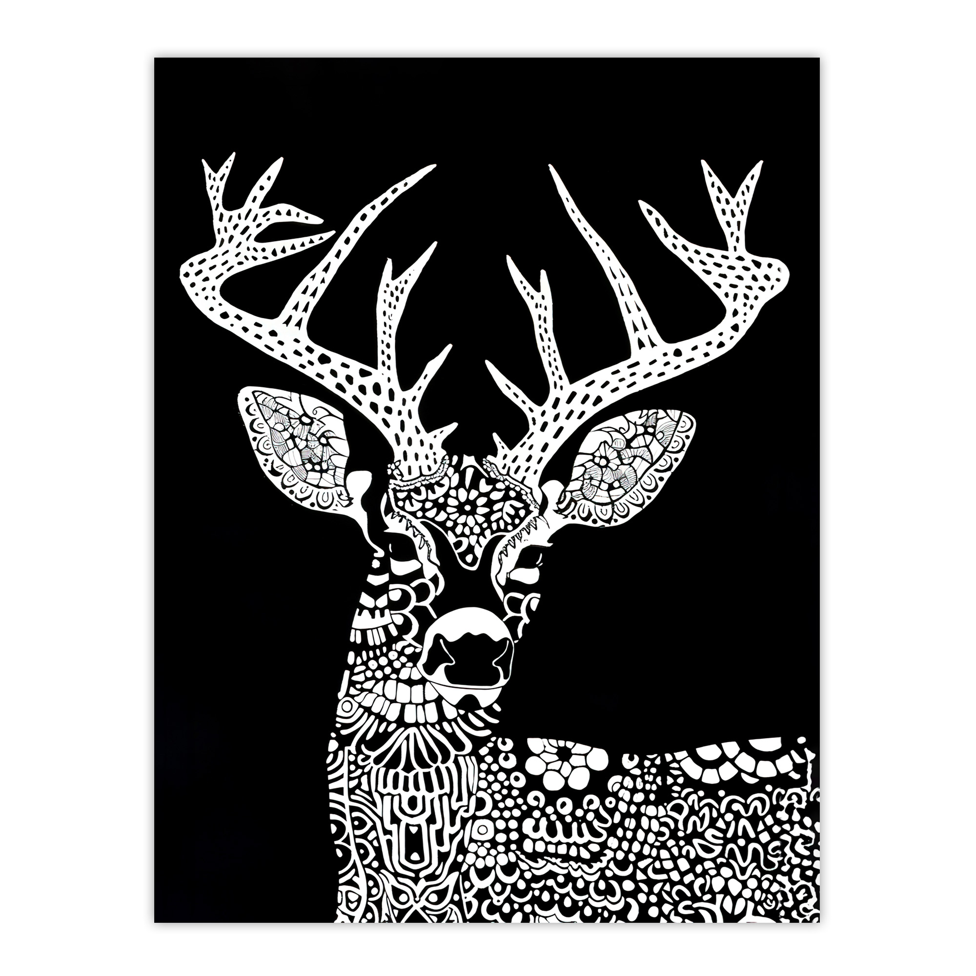 Deer Black White Tribal Pattern Stag Design Wall Art Poster Print