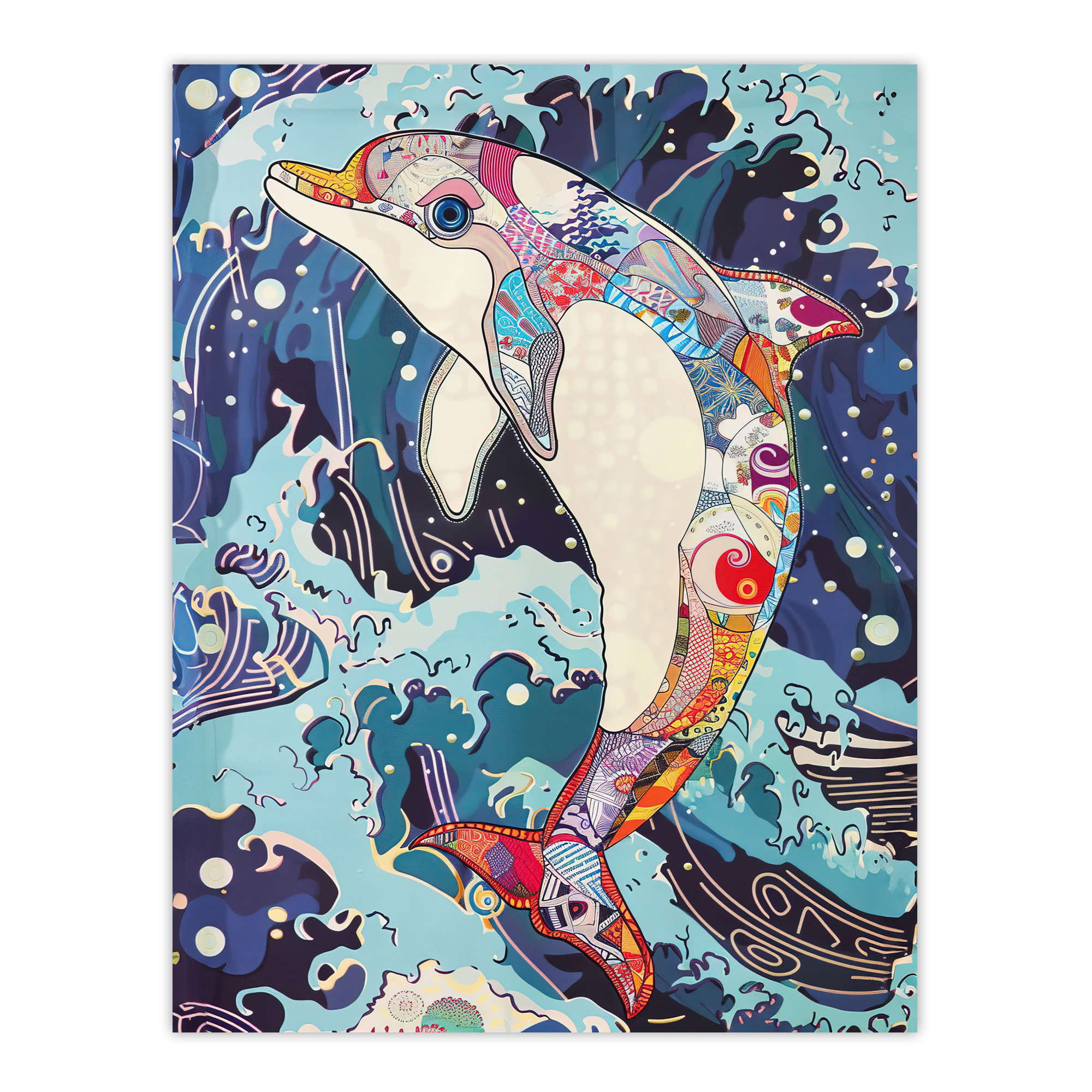 Dolphin Jump Sea Waves Colourful Folk Art Wall Art Poster Print