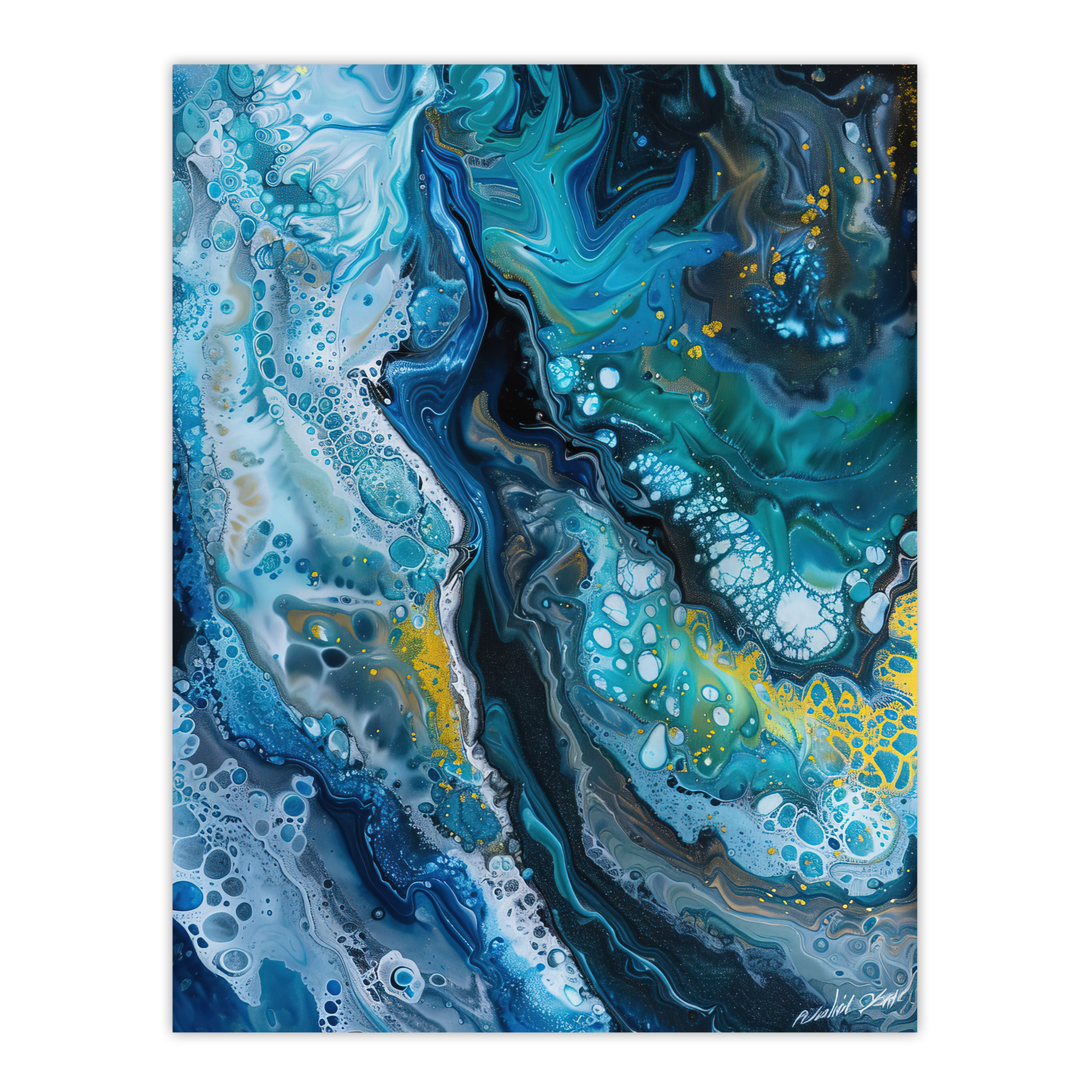 Liquid Paint Teal Blue Yellow Abstract Painting Wall Art Poster Print