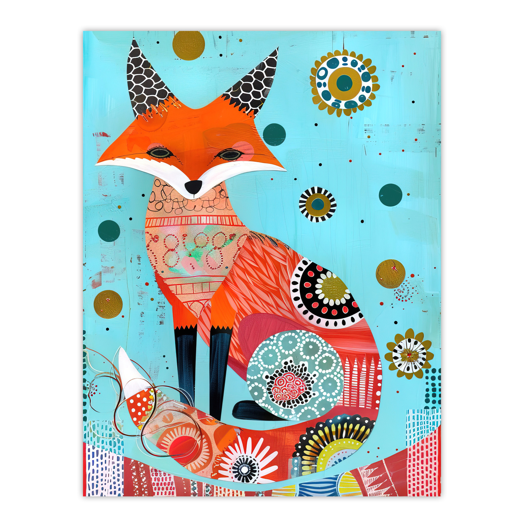Fox Folk Art Portrait Colourful Pattern Design Wall Art Poster Print