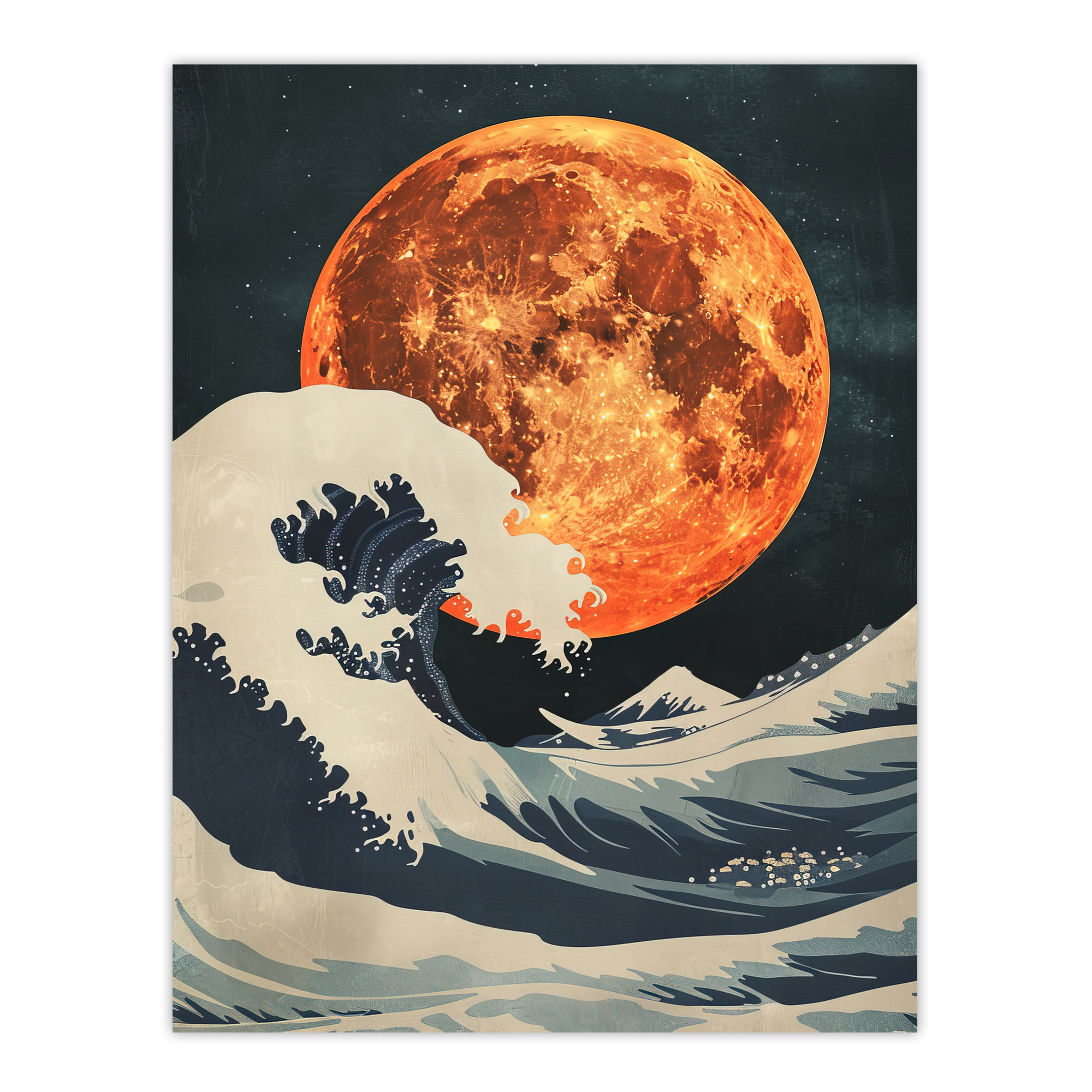 Orange Moon Over Japanese Ocean Waves Artwork Wall Art Poster Print