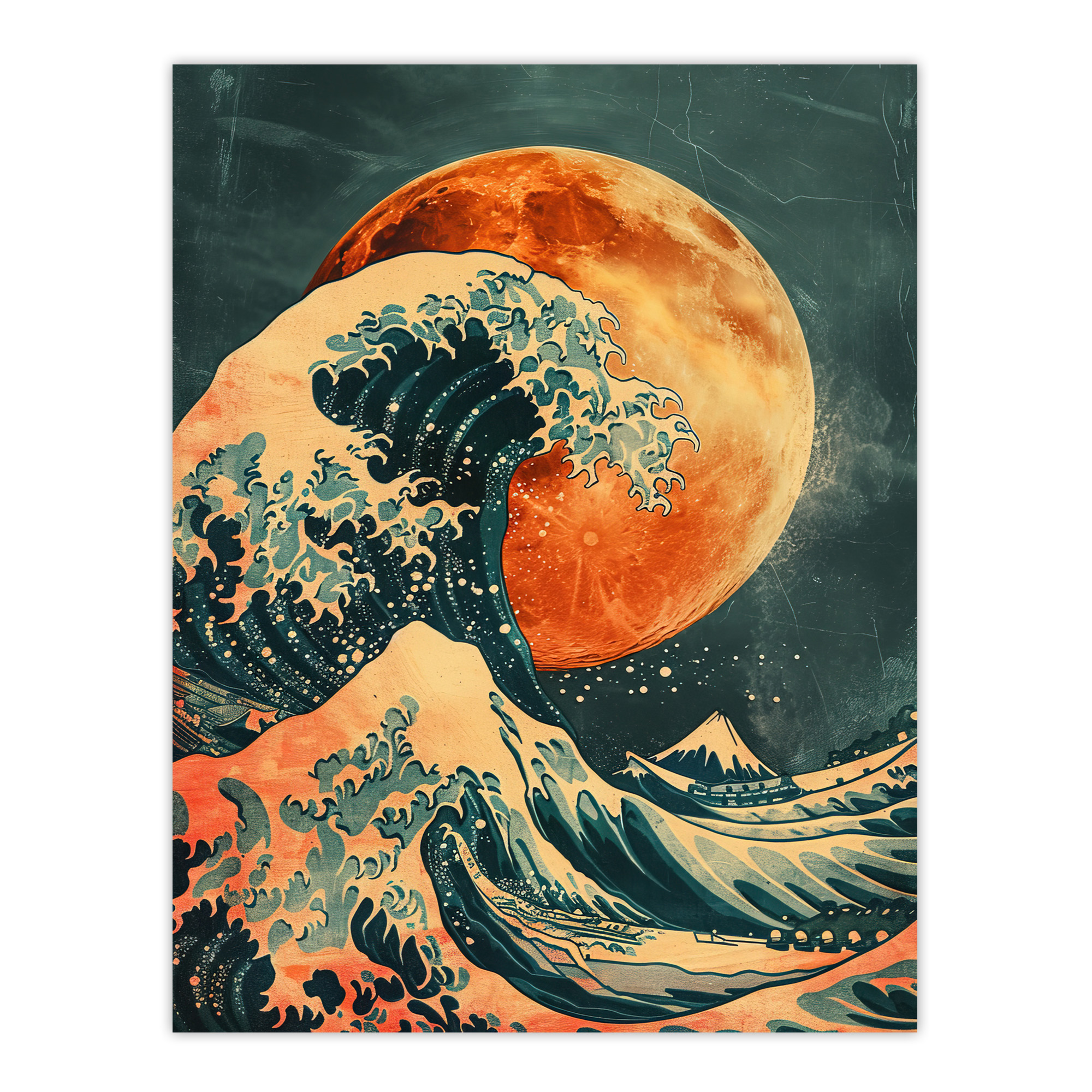 Orange Moon Traditional Japanese Waves Artwork Wall Art Poster