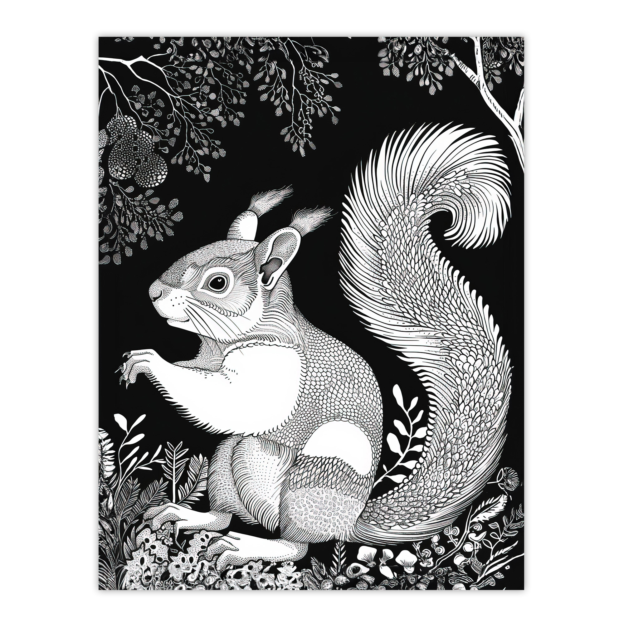 Happy Squirrel in Trees Black and White Drawing Wall Art Poster Print