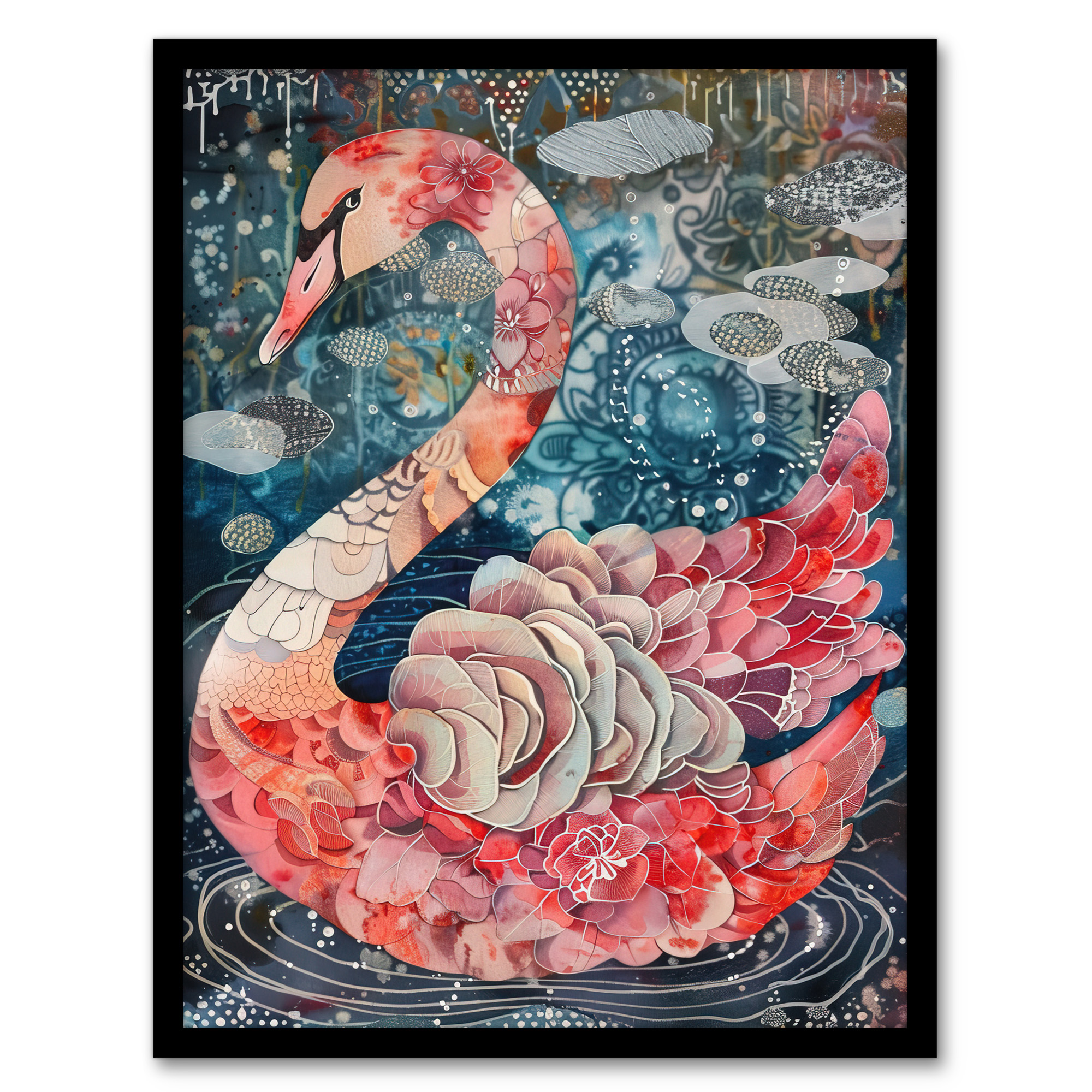 Abstract Pink Flower Swan Artwork Enchanted Lake Wall Art Poster Print