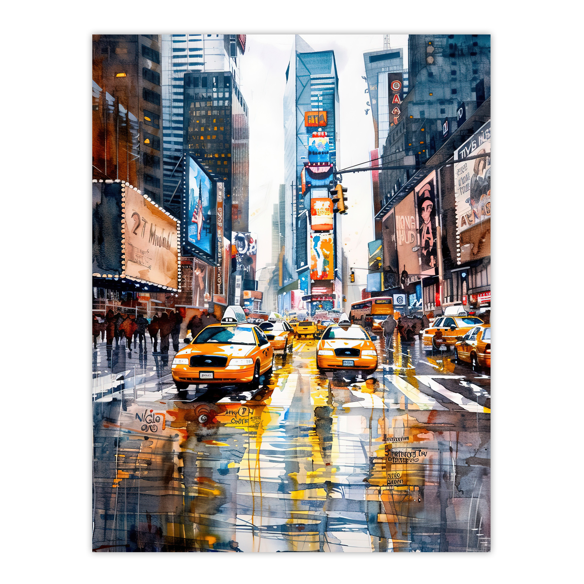 Times Square Taxis Billboards Watercolour Iconic Wall Art Poster Print