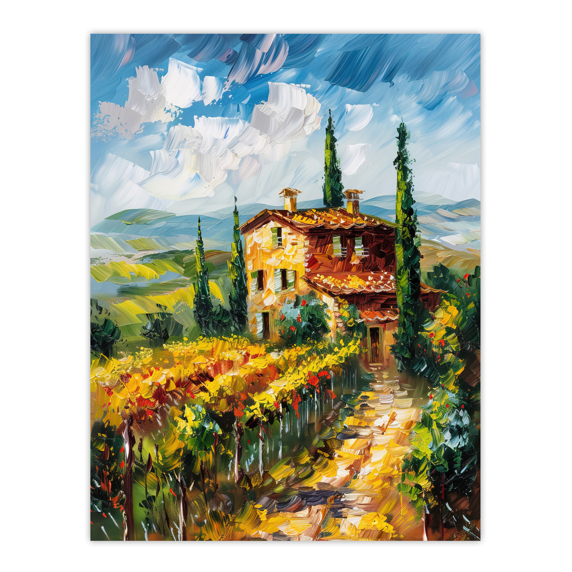 Summer Tuscan Farmhouse Oil Painting Colourful Wall Art Poster Print