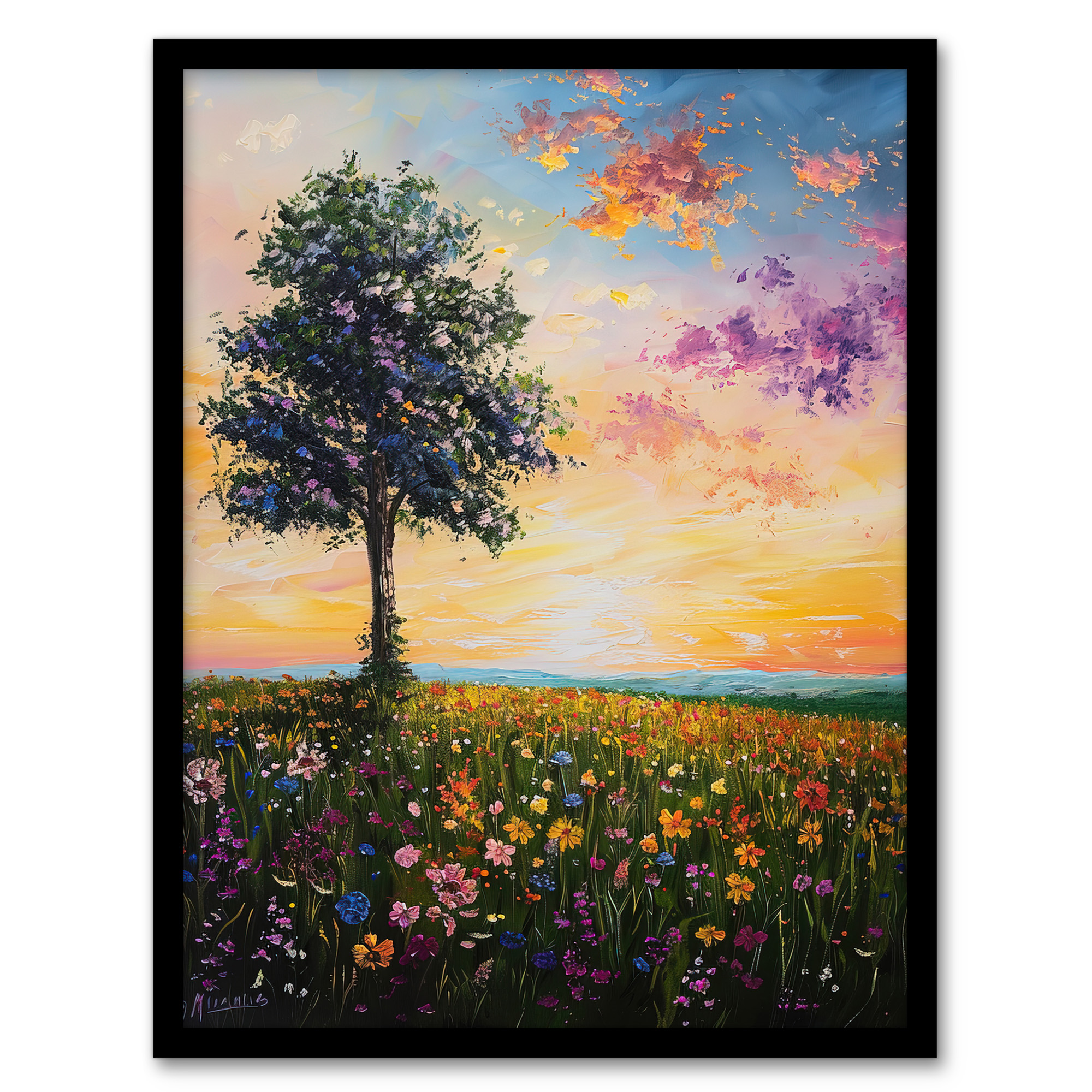 Tree Spring Wildflower Meadow Sunset Oil Painting Wall Art Poster Print
