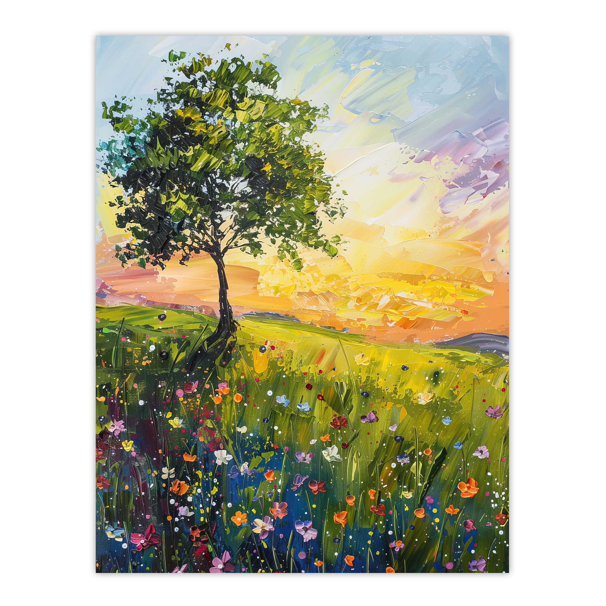 Tree Wildflower Meadow at Sunrise Oil Painting Wall Art Poster Print