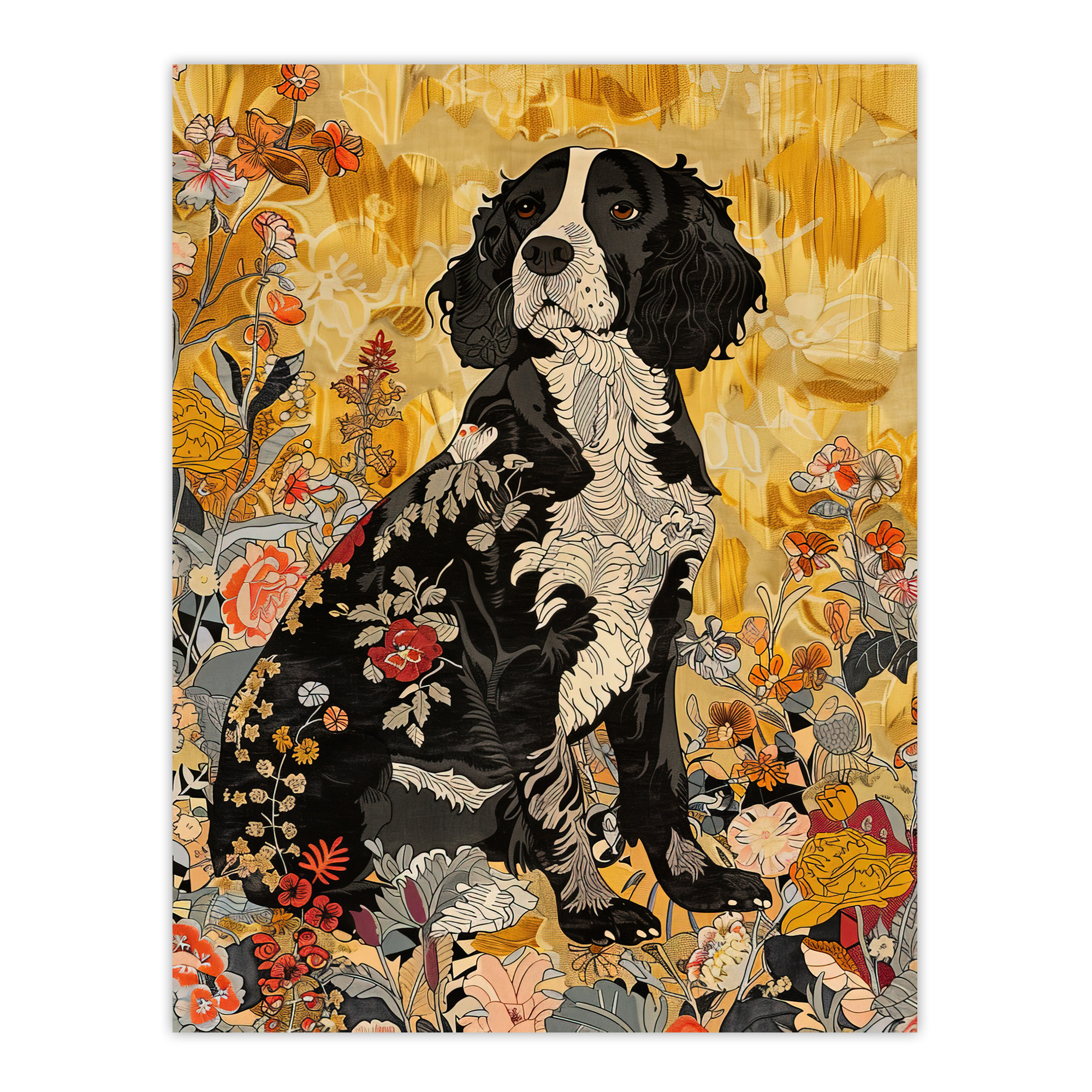 Spaniel in Wildflowers Portrait Floral Animal Wall Art Poster Print