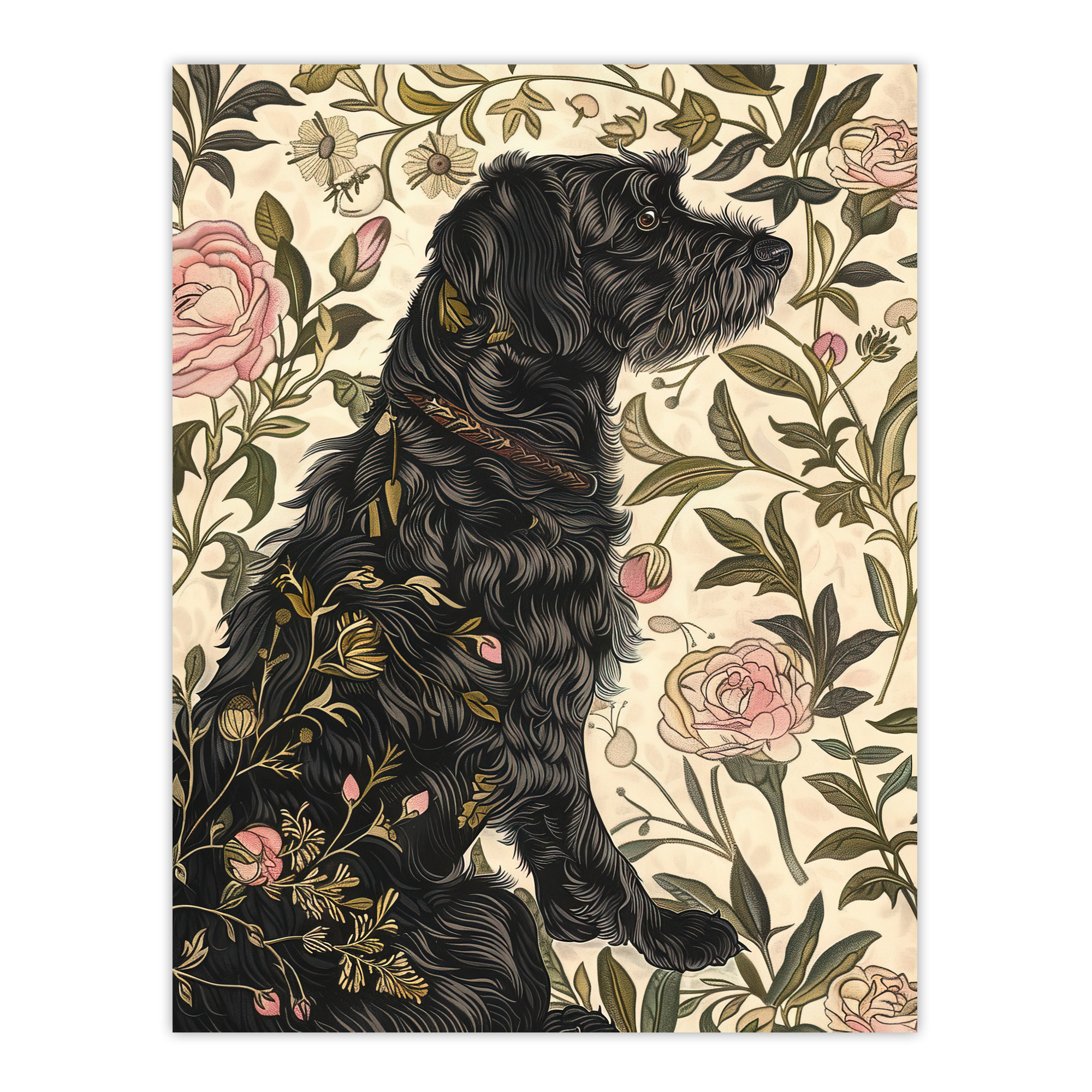 Dog in Carnations Painting Botanical Vintage Wall Art Poster Print