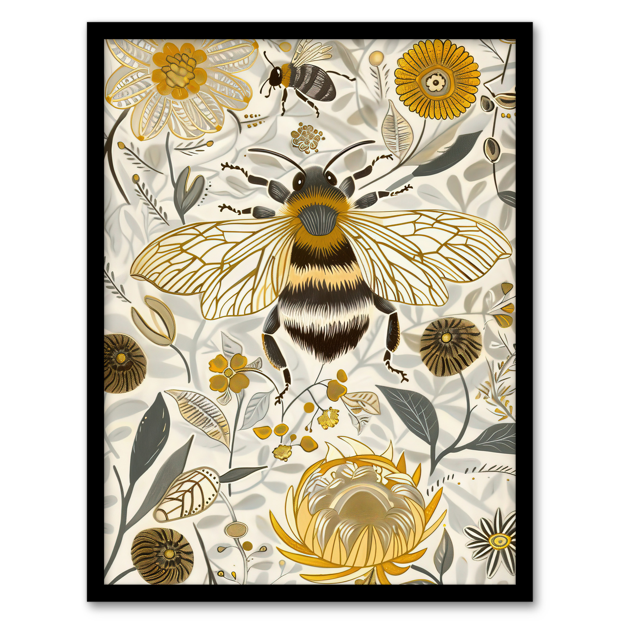 Honey Bee Flowers Bright Stylised Floral Design Wall Art Poster Print