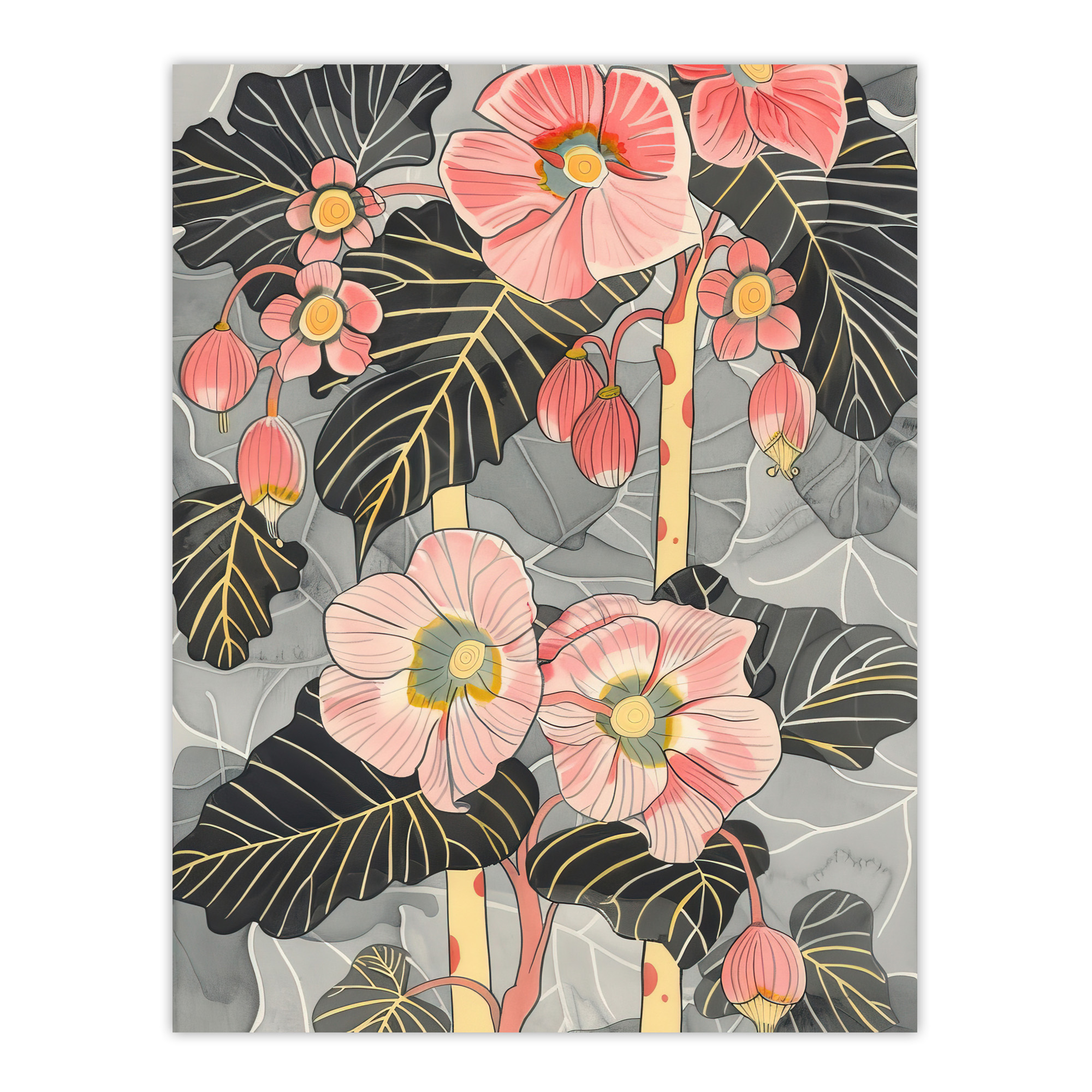 Blooming Pink Begonia Flowers Stylised Floral Wall Art Poster Print