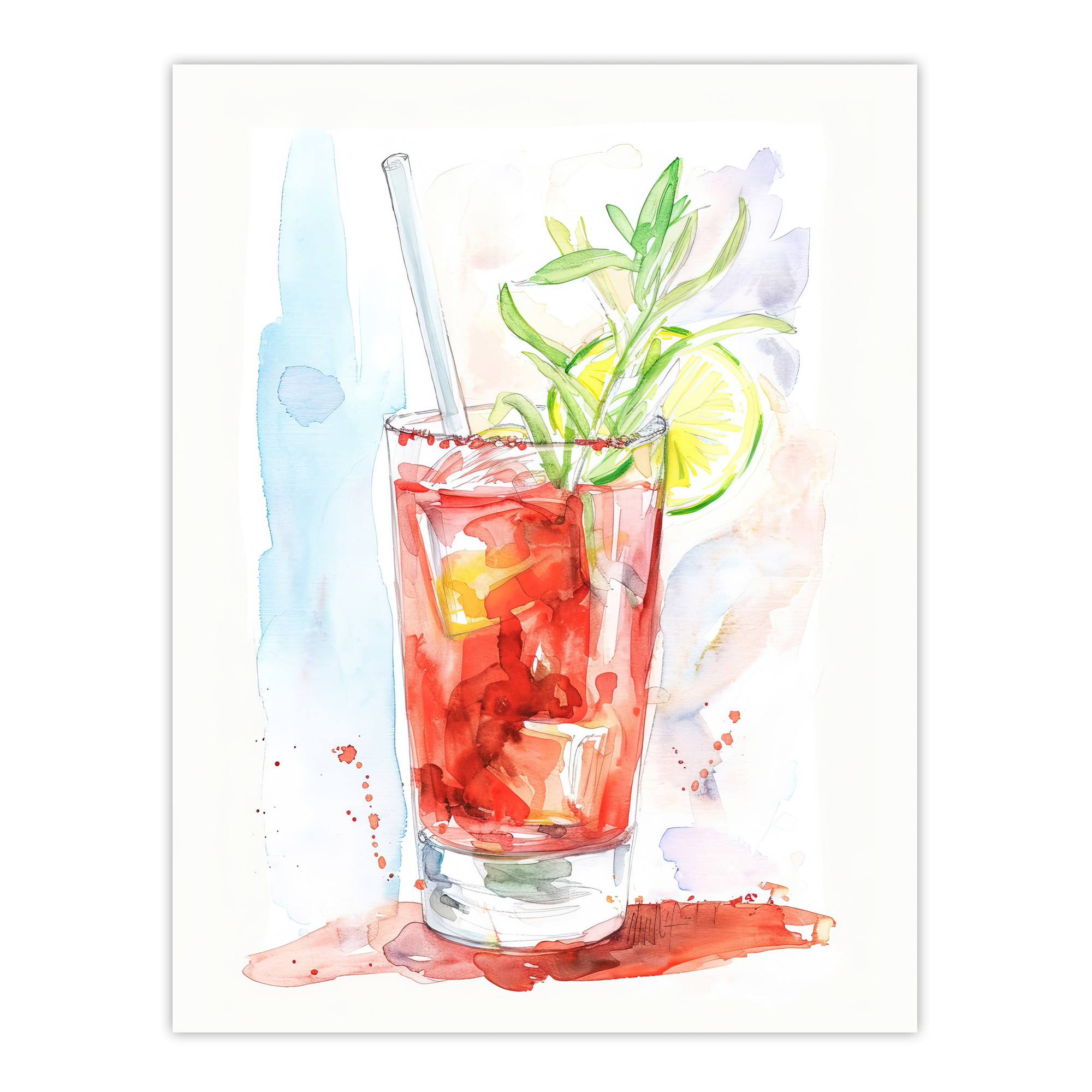 Bloody Mary Cocktail Drink Watercolour Simple Wall Art Poster Print
