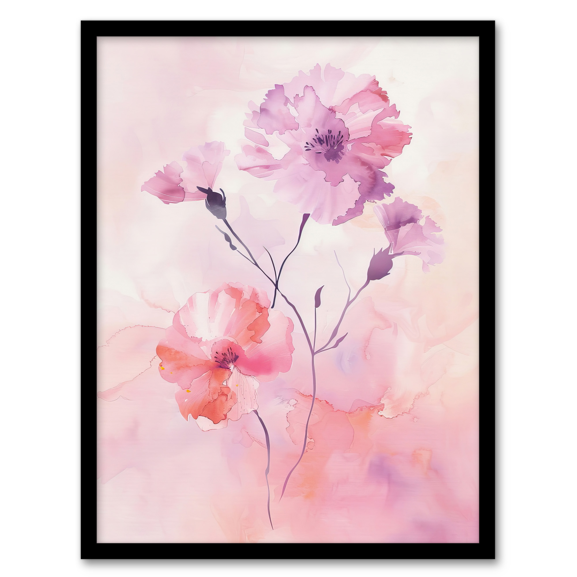 Carnation Flowers Watercolour Pink Pastel Modern Wall Art Poster Print