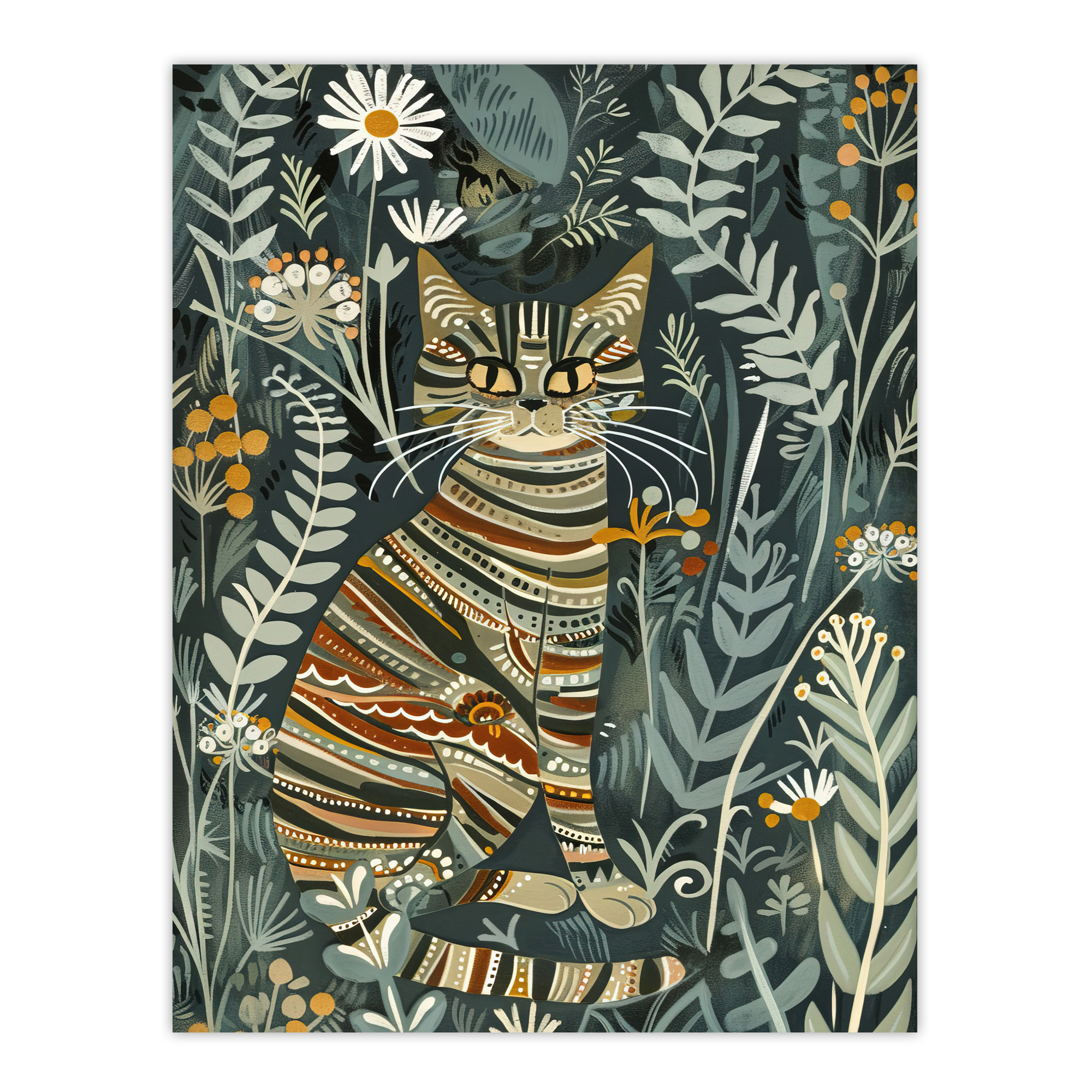 Striped Cat in Floral Botanical Garden Folk Art Wall Art Poster Print