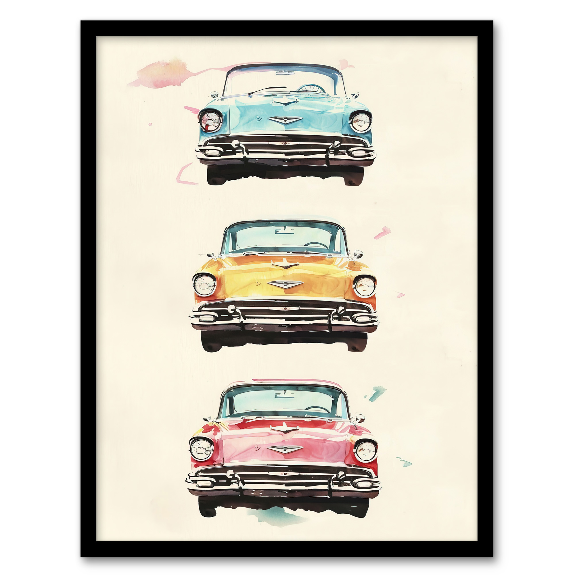 3 Three Classic Vintage Cars Watercolour Modern Wall Art Poster Print