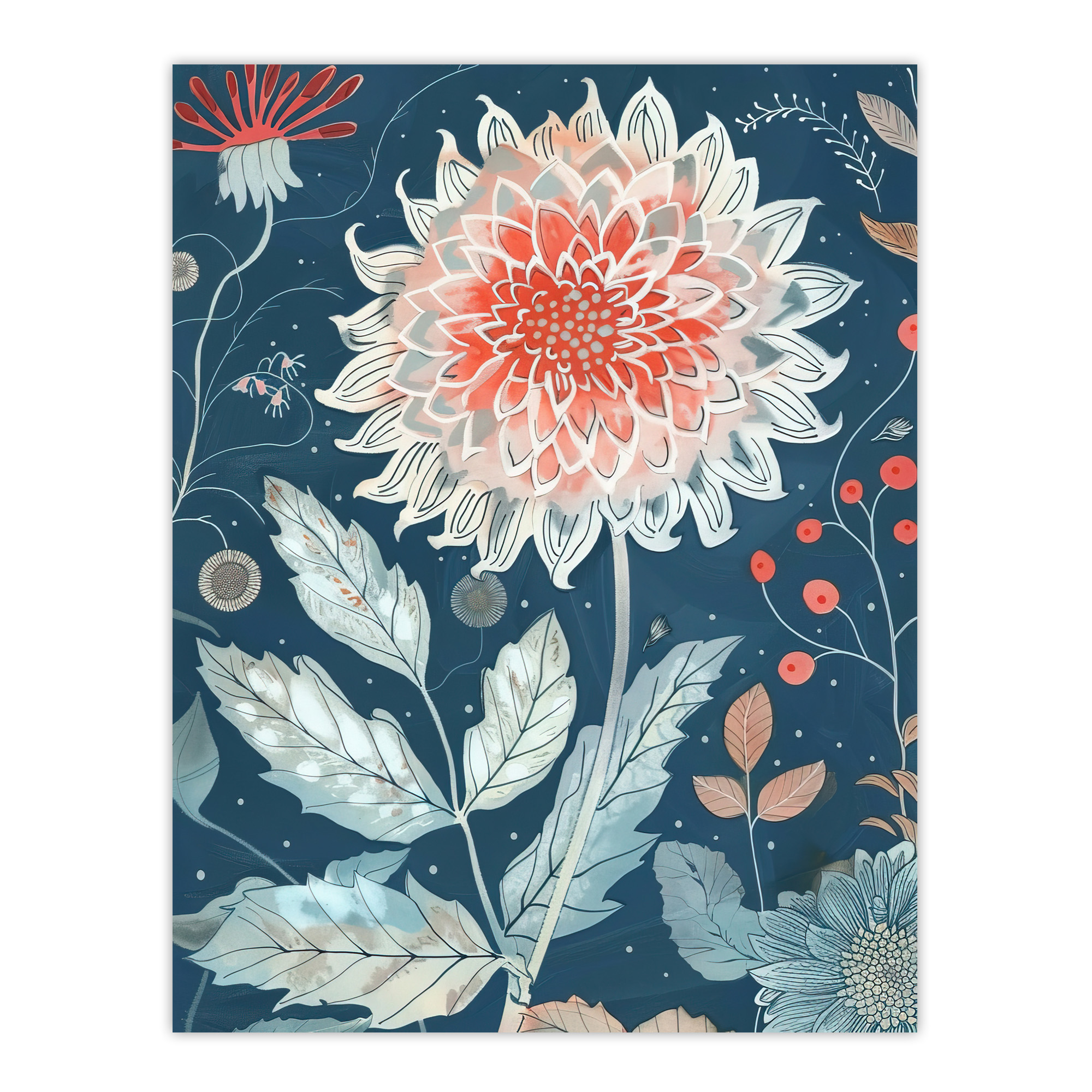 Single Red Dahlia Flower Blue Botanical Artwork Wall Art Poster Print