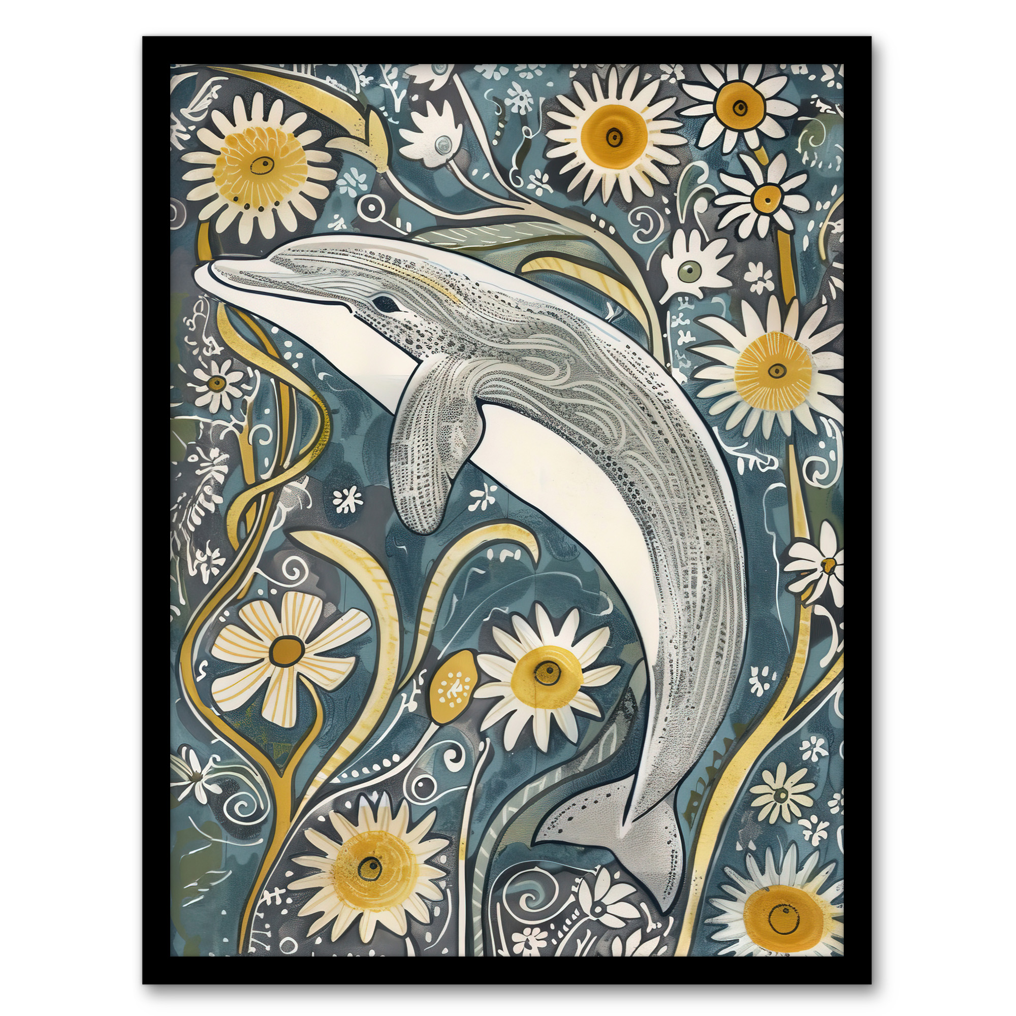 Dolphin Daisy Wildflowers Artwork Quirky Floral Wall Art Poster Print
