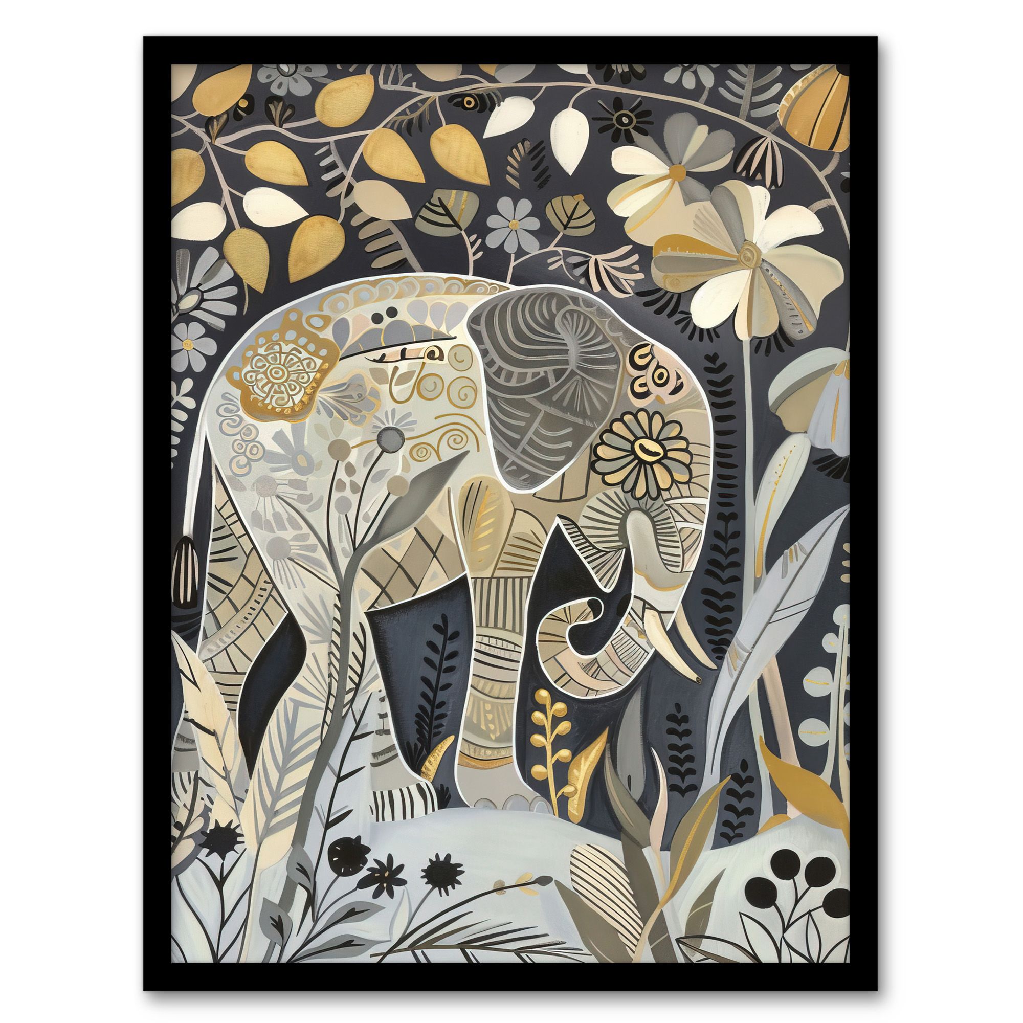 Elephant Flowers Artwork Quirky Floral Folk Art Wall Art Poster Print